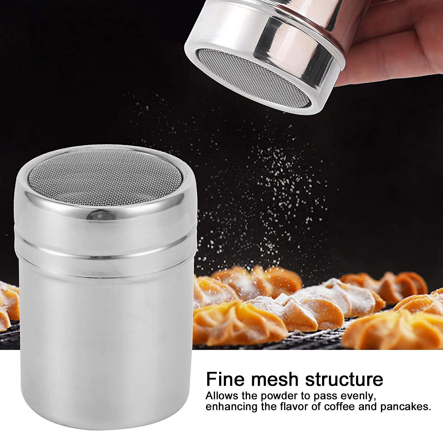 Fine Mesh Shaker,Stainless Steel Mesh Shaker Powder Cans,Coffee Sifter Icing Sugar Powder Cocoa Flour Chocolate Coffee Sifter Sprinkler Dredgers for Kitchen Baking Cooking image number 3