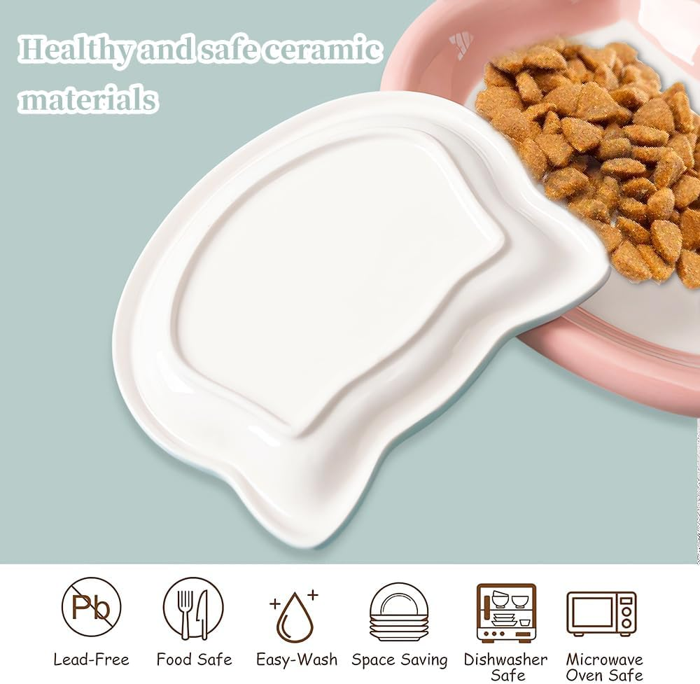 GIGIIS Cat Bowl Ceramic 2 Pieces Feeding Bowl Cat Bowl Non-Slip Set Cat Bowls Wide and Flat Cat Food Bowl to Relieve Whisker Fatigue with 2 Pieces Non-Slip Mats image number 6