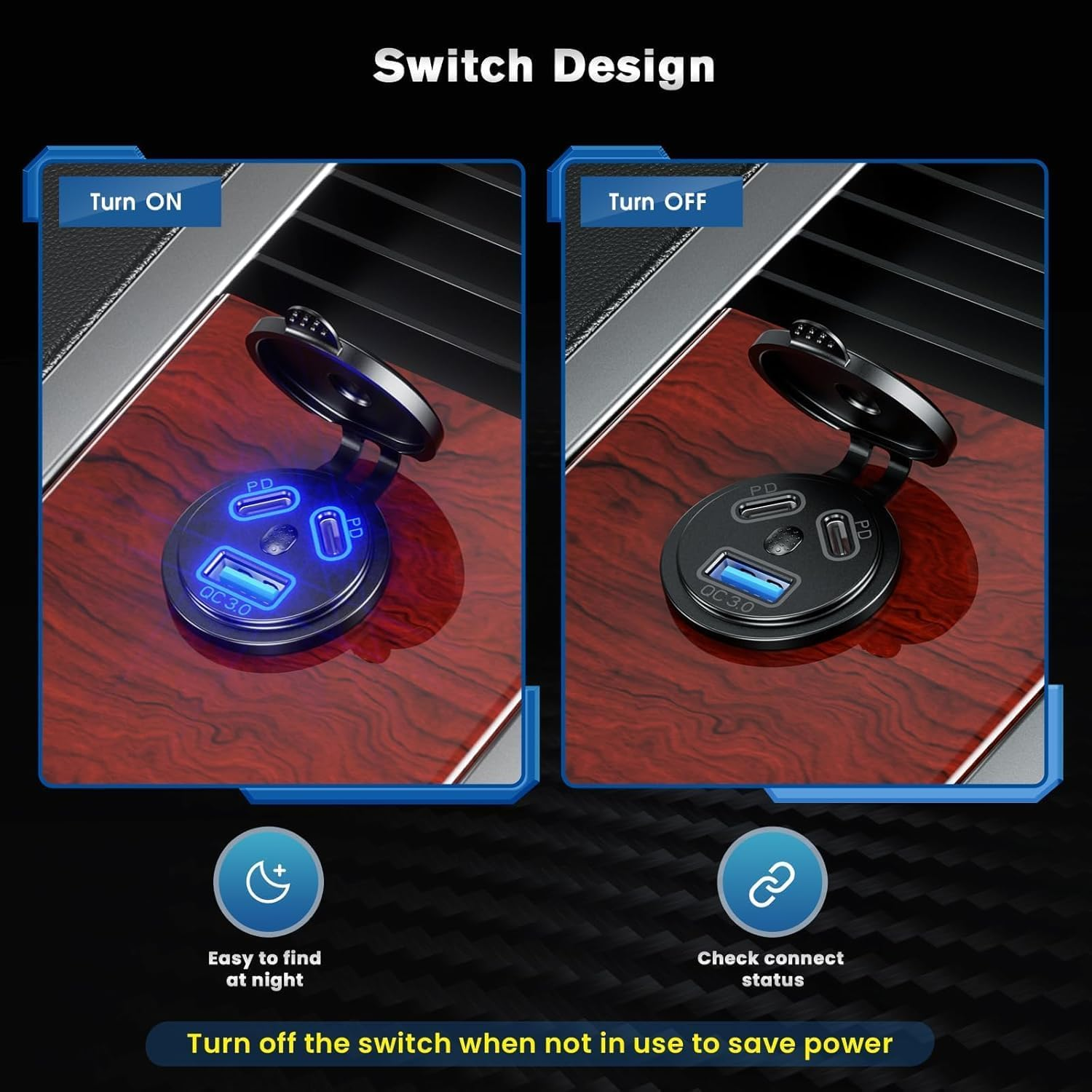 12V USB Car Charger Socket, Dual PD USB-C & USB QC 3.0 Fast Charging Ports with Switch, Waterproof Power Outlet for Car, Boat, Marine, ATV, Truck, RV, Motorcycle image number 2