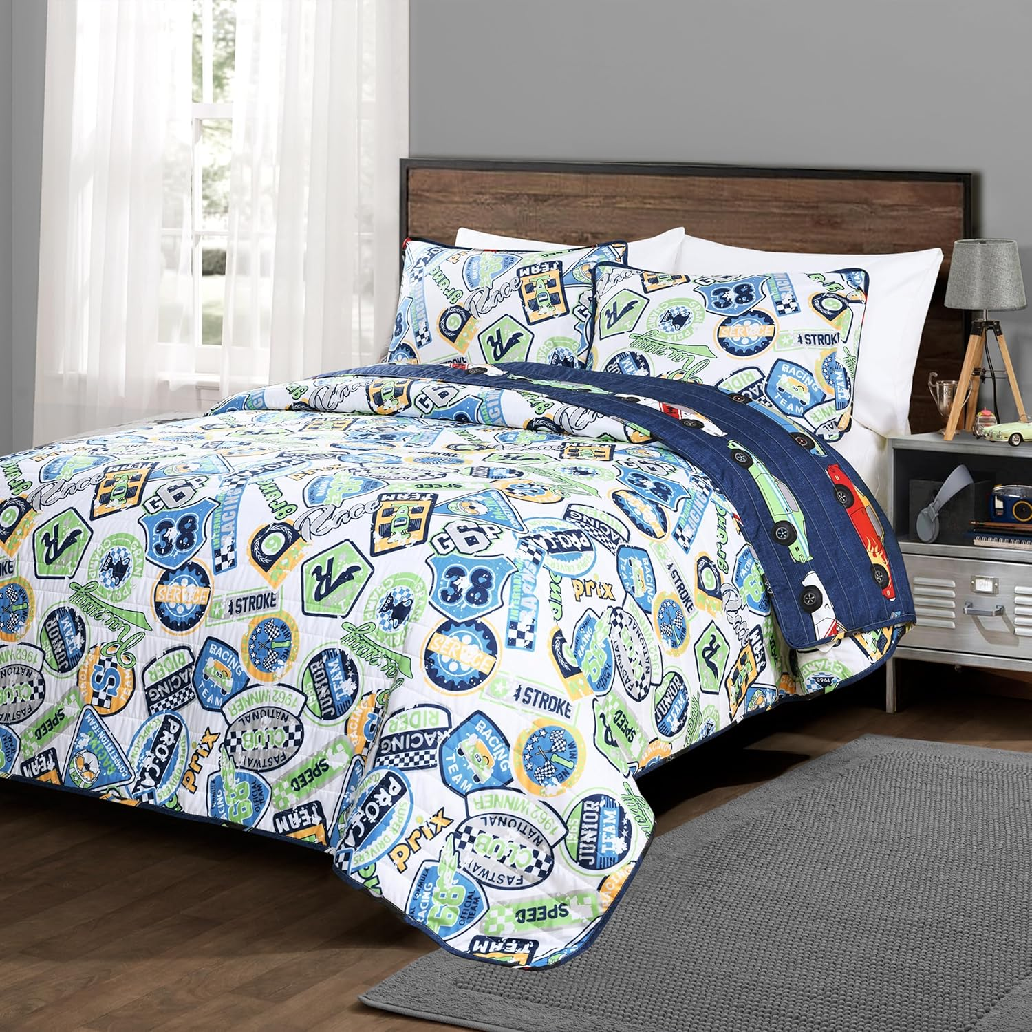 Lush Decor Lush D&eacute;cor Navy Race Car Kids' 2-Piece Quilt, Reversible Bedding Set for Boys (Twin) image number 7