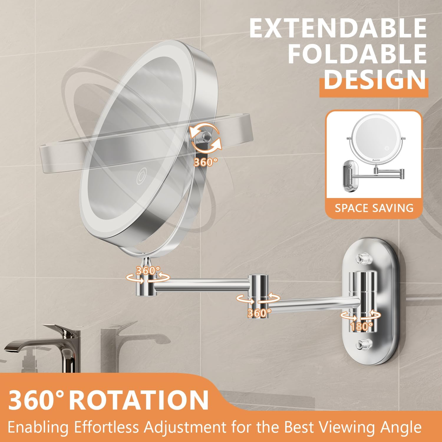 Auxmir Lighted Wall Mounted 20X Magnifying Makeup Mirror, 8" Double-Sided 360&deg; Swivel Shaving Mirror with Extendable Arm, 3200Mah Rechargeable Dimmable Mirrors with Tweezer for Bathroom and Hotel image number 5