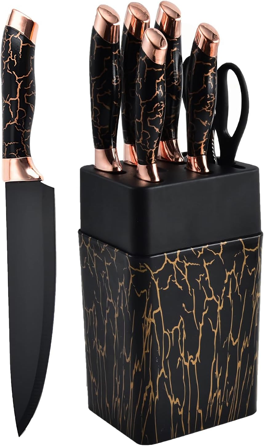 Knife Set, 7 PCS Stainless Steel Kitchen Knife Block Set with Built in Knife Sharpener, Black Non Stick Coated Knife, No Rust and Sharp Knife for Chopping, Slicing and Dicing, Best Gift, Golden