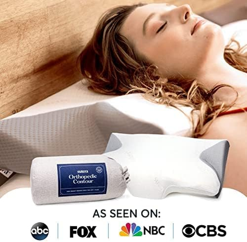 SUTERA - Contour Memory Foam Pillow for Sleeping, Orthopedic Cervical Support for Neck, Shoulder and Back Pain Relief, Ergonomic Pillow for Side, Back and Stomach Sleepers, Washable Cover - White +Bag - White,Grey image number 6
