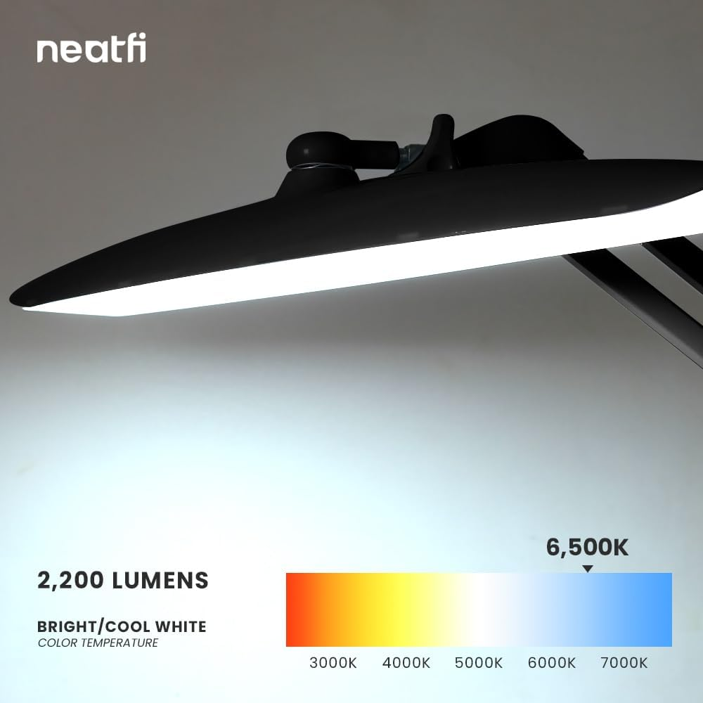 Neatfi XL LED Desk Lamp with Clamp, 2200 Lumens, 24W, 50Cm Wide Head, Dimmable 4 Brightness Levels, Task Light for Home Office, Crafts, Workbench (Non-Cct with Clamp, Black) image number 2