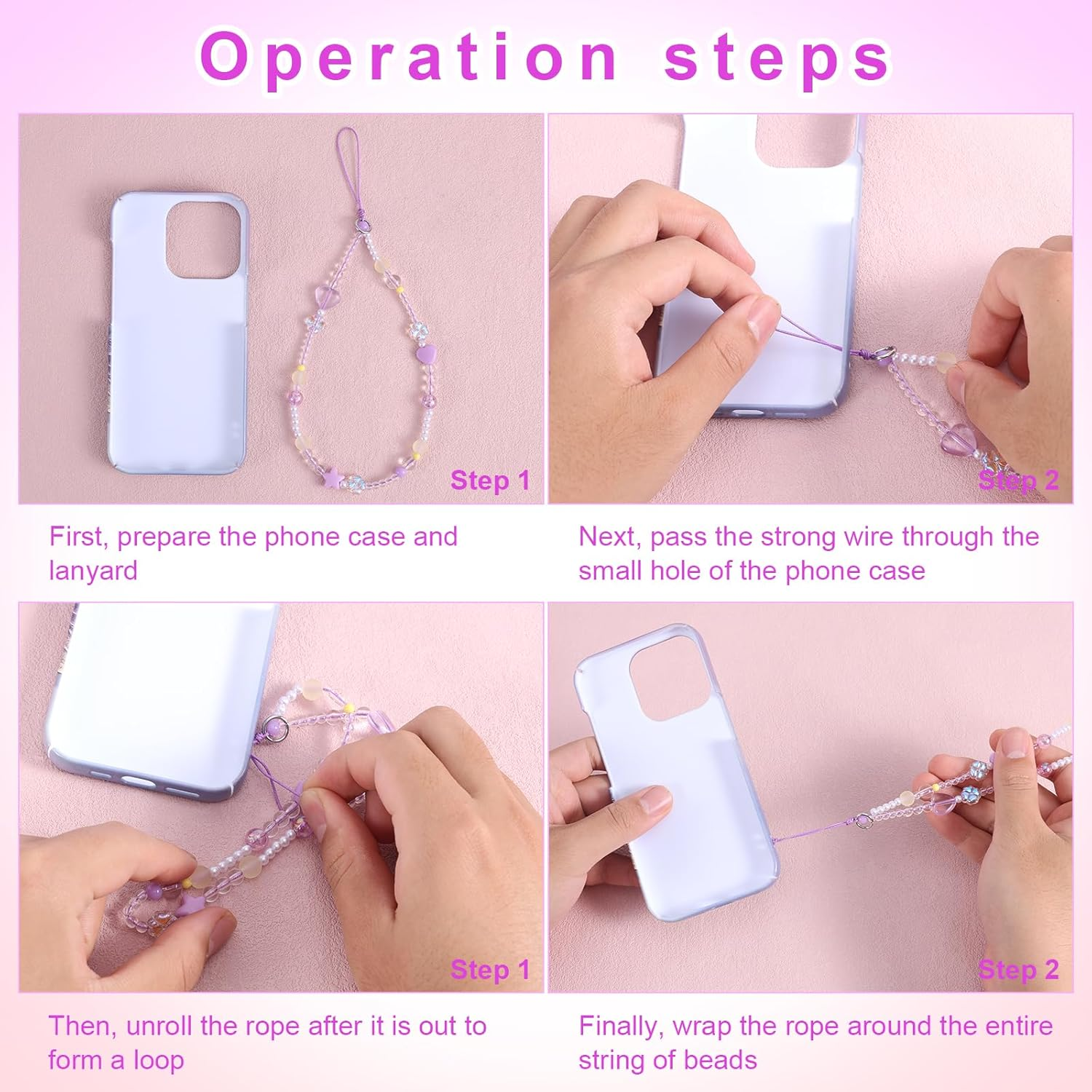 Mikovivi 2Pcs Beaded Phone Bracelet Strap, Love Four-Leaf Mobile Phone Chain Wristband Lanyard Anti-Lost Bracelet for Women Keychains Pendant Wallets Cameras Decoration, Medium, Resin, No Gemstone image number 5