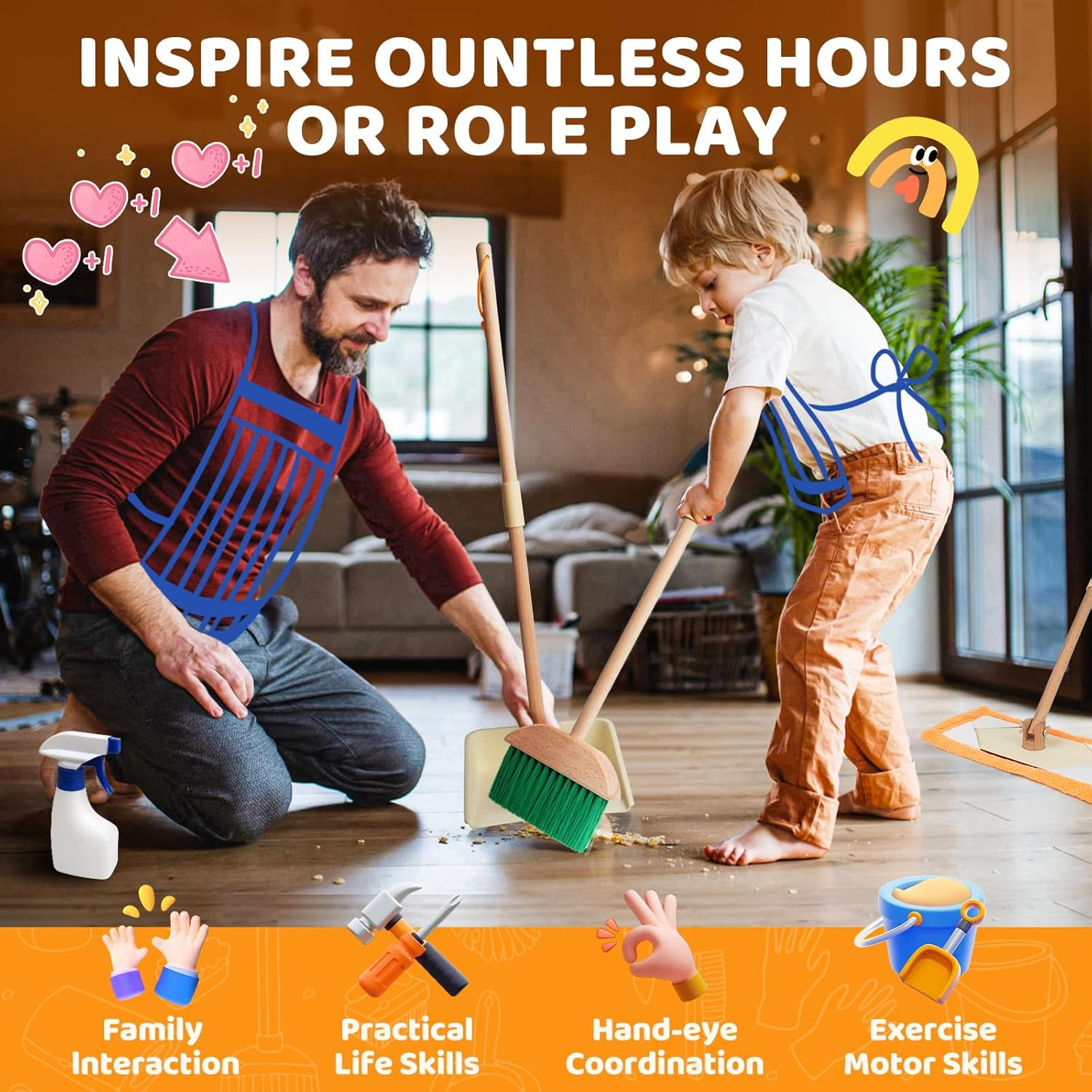 Toddler Cleaning Set - Kids Housekeeping Pretend Play Set | FSC Certification Wood with Broom, Mop, Dustpan, Duster and Organizing Stand | Montessori Toys for 3+ Year, Kids Pretend Play Cleaning Set image number 4