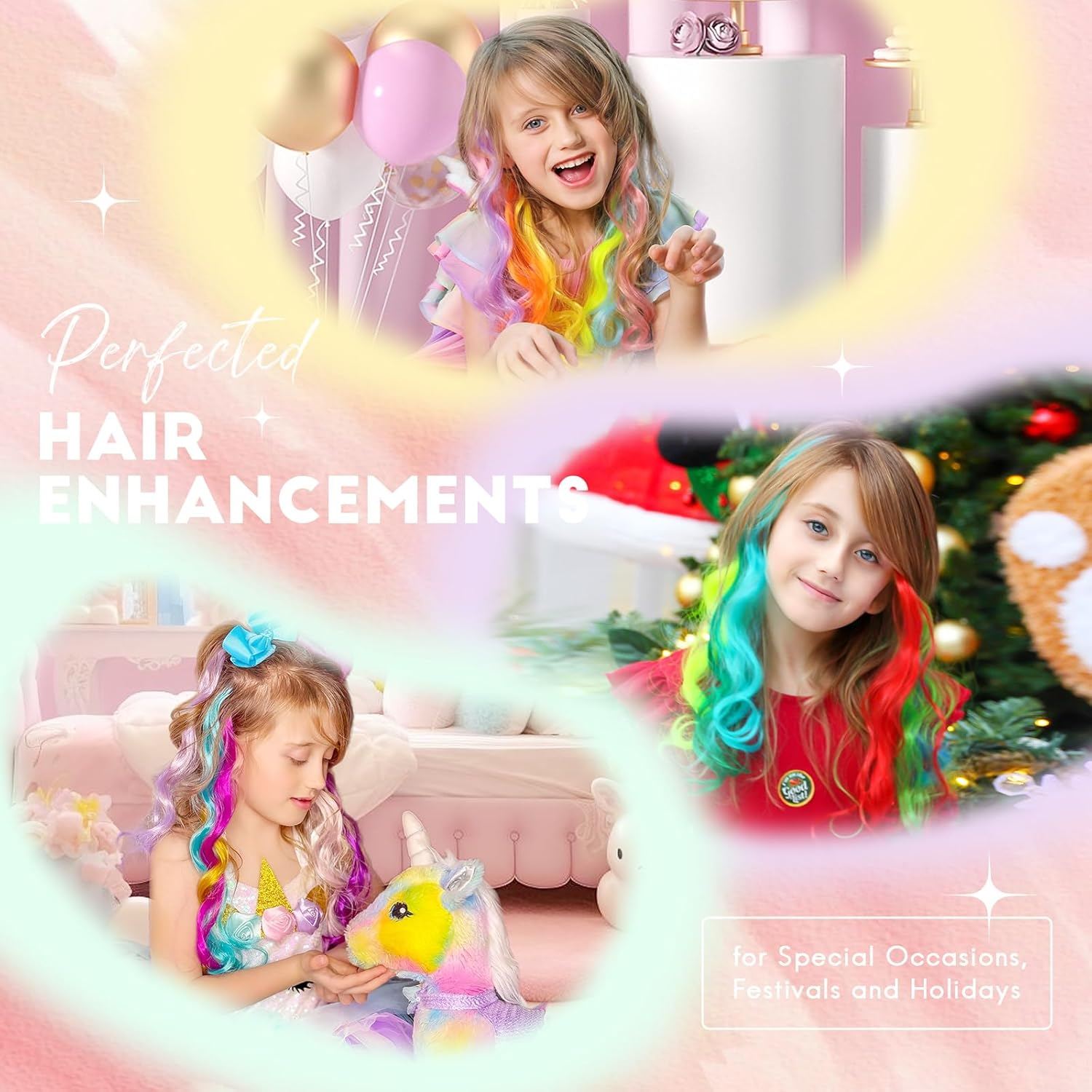 Dreamlover 24 Pack Curly Colored Hair Extensions, Party Highlights Clip in Synthetic Hairpieces for Women, Girls and Kids image number 4