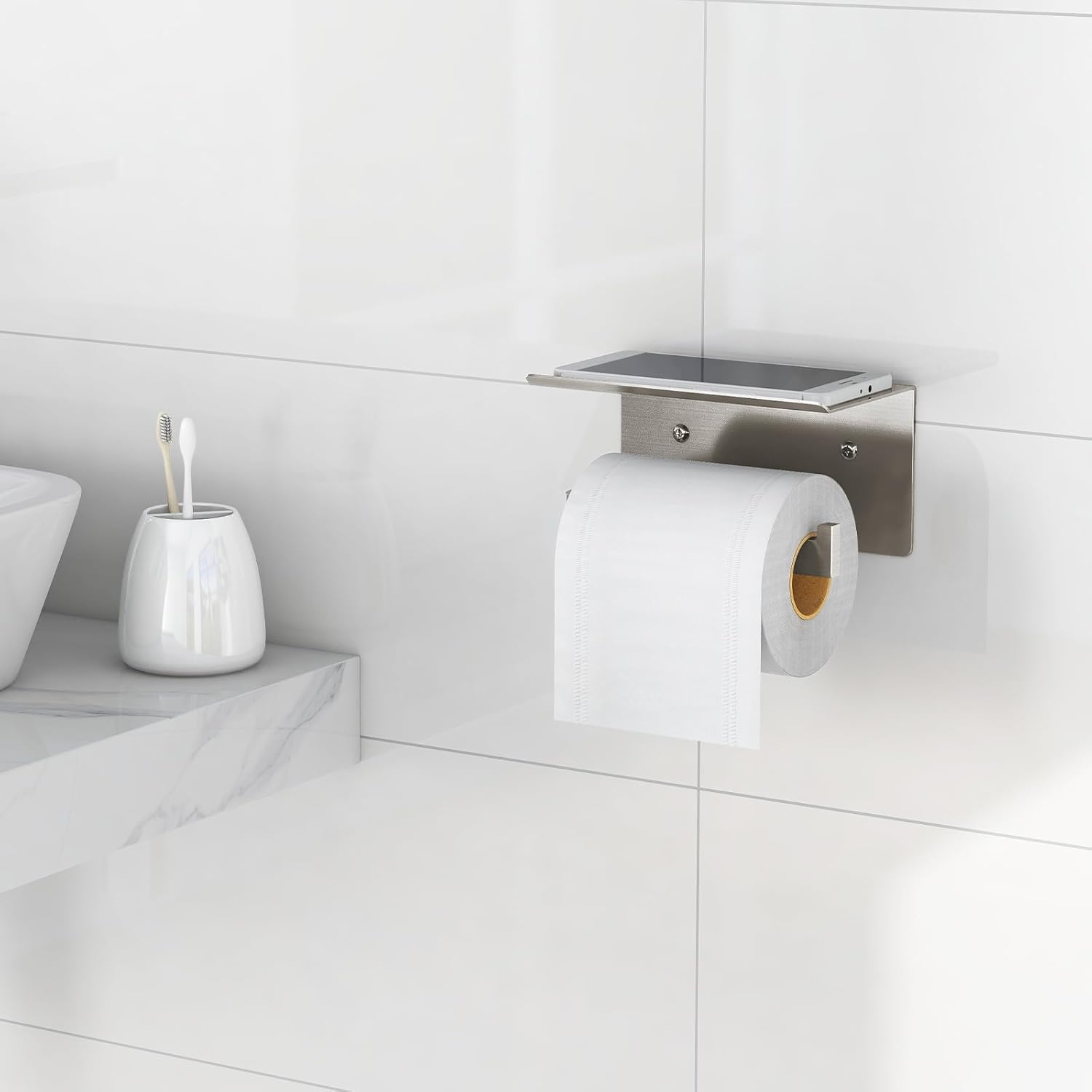 Gypie Toilet Paper Holder with Phone Shelf, Brushed Nickel Toilet Paper Holder Wall Mount, Rustproof Stainless Steel Bathroom Storage - Brushed Nickel image number 7