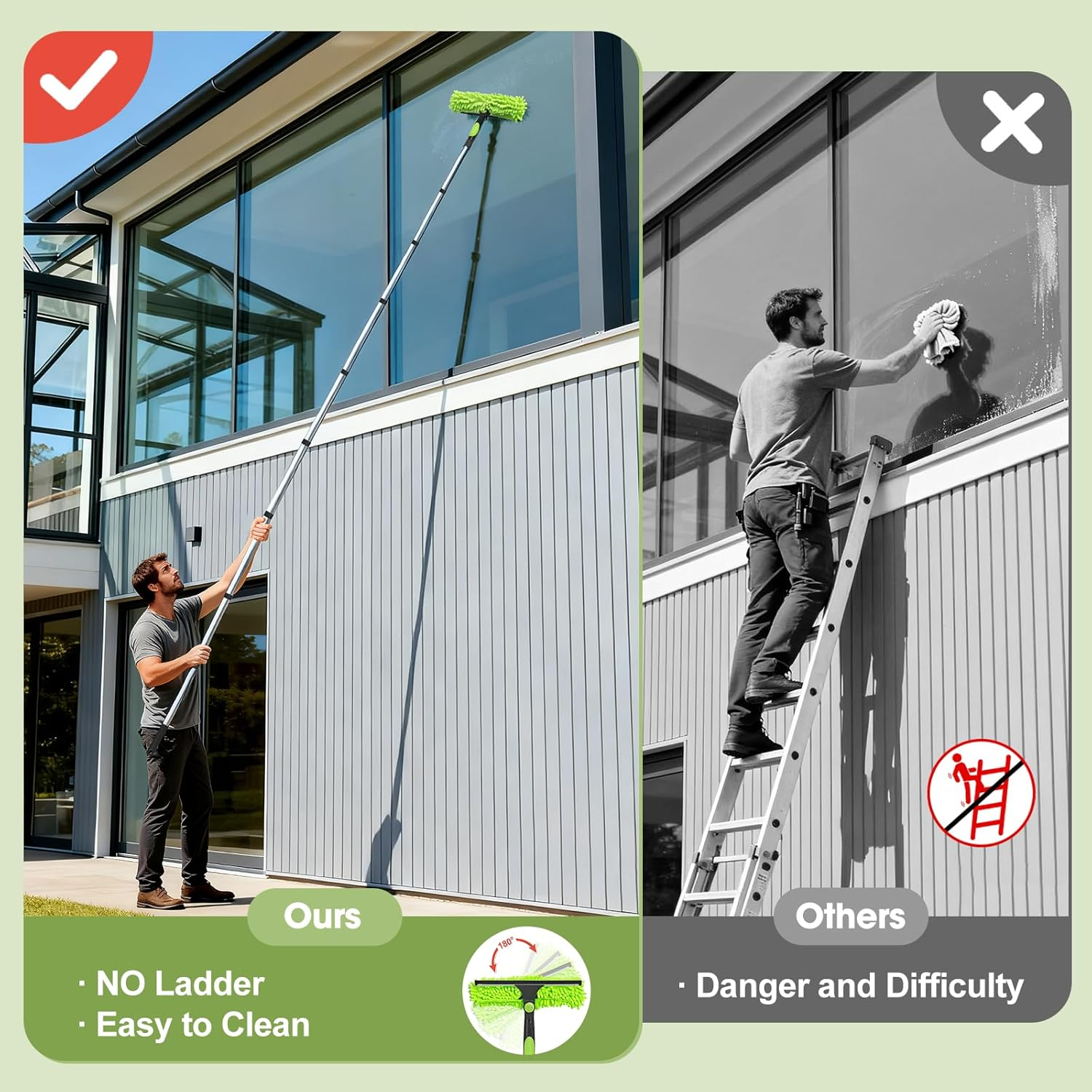 Window Cleaning Equipment, 400Cm Extendable Window Cleaning Pole with Silicone Squeegee & 3 Microfiber Mops, 2In1 Window Cleaning Kit for High Window, Long Reach Telescopic Window Cleaner Tool image number 1