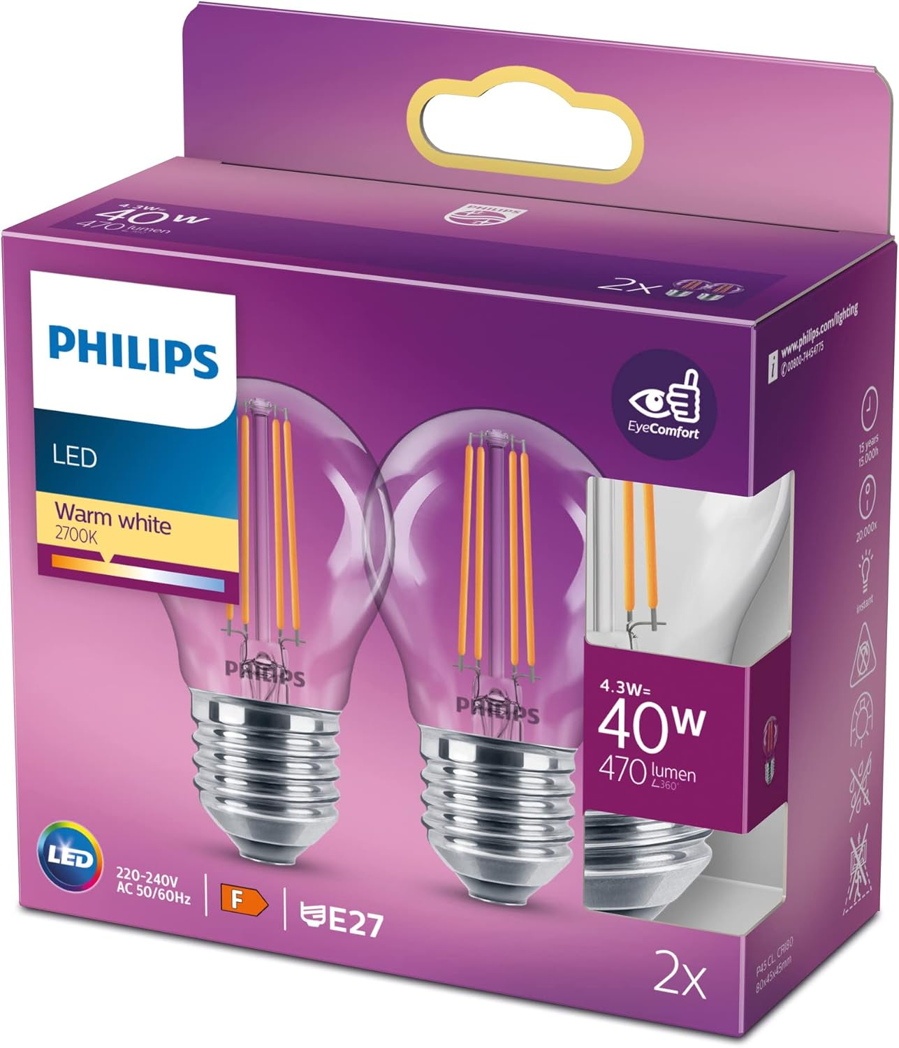 Philips LED Premium Lustre Light Bulb [E27 Edison Screw] 4.3W - 40W Equivalent, Warm White (2700K) image number 2