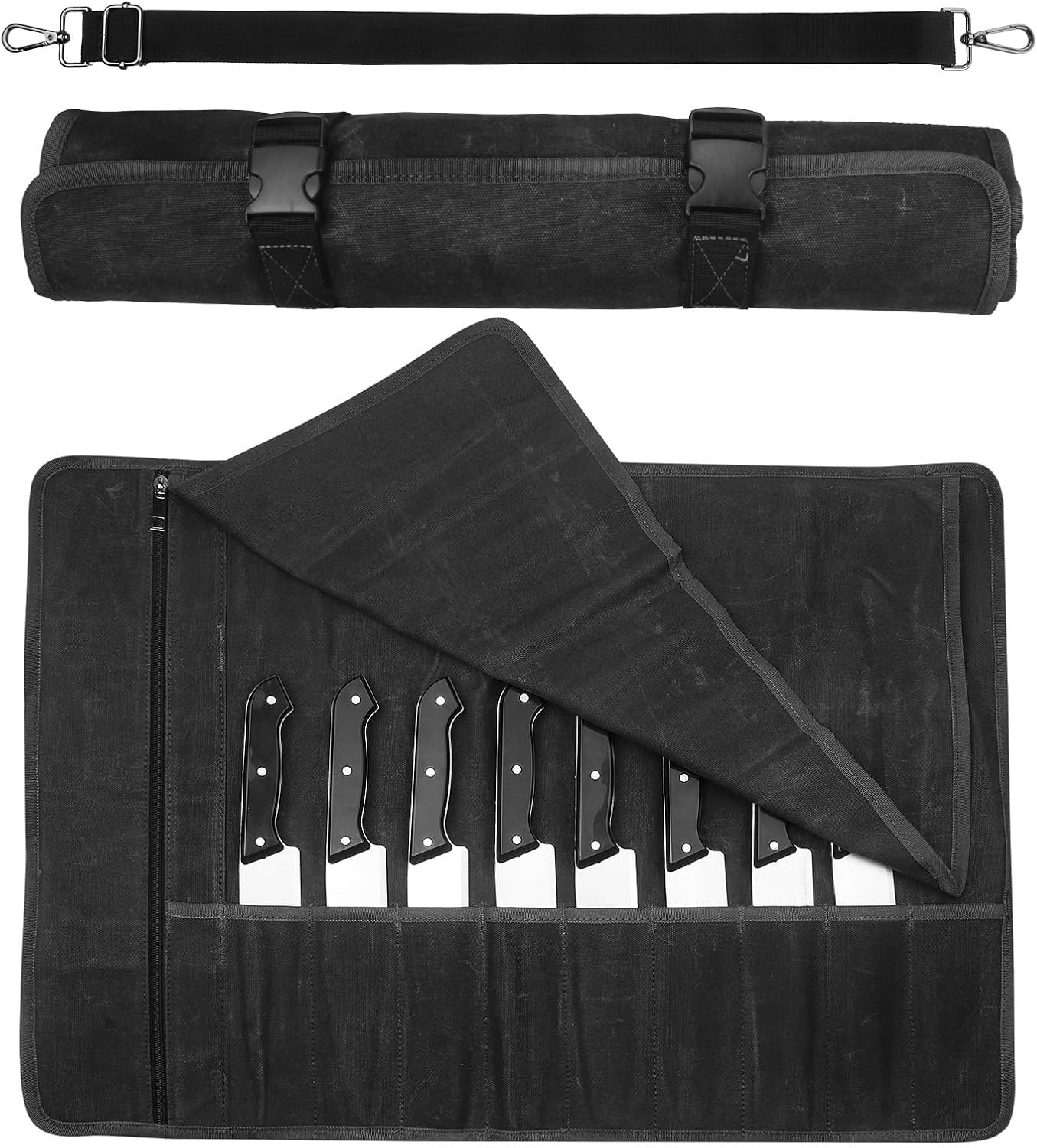 Chef'S Knife Roll Bag - Heavy Duty Waxed Canvas with 11 Slots (10+1 Zipper Pocket), Portable Kitchen Knives Bag for Home/Camping, Waterproof & Shoulder Strap Included (Black)