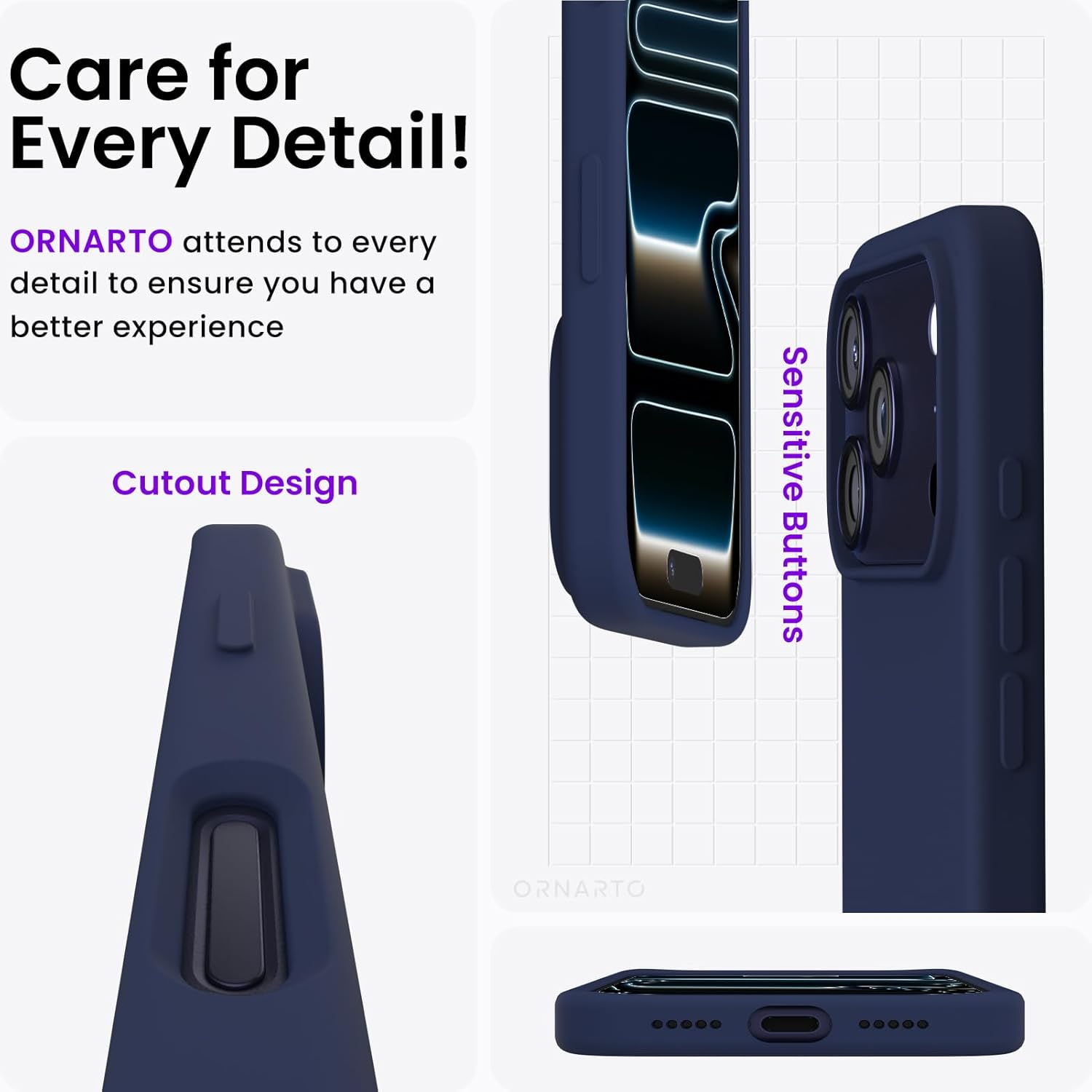 ORNARTO Compatible with Iphone 17 Pro Case 6.3", Slim Liquid Silicone 4 Layers Full Covered Soft Gel Rubber Shockproof Cover, Protective Phone Case for Iphone 17 Pro-Navy Blue