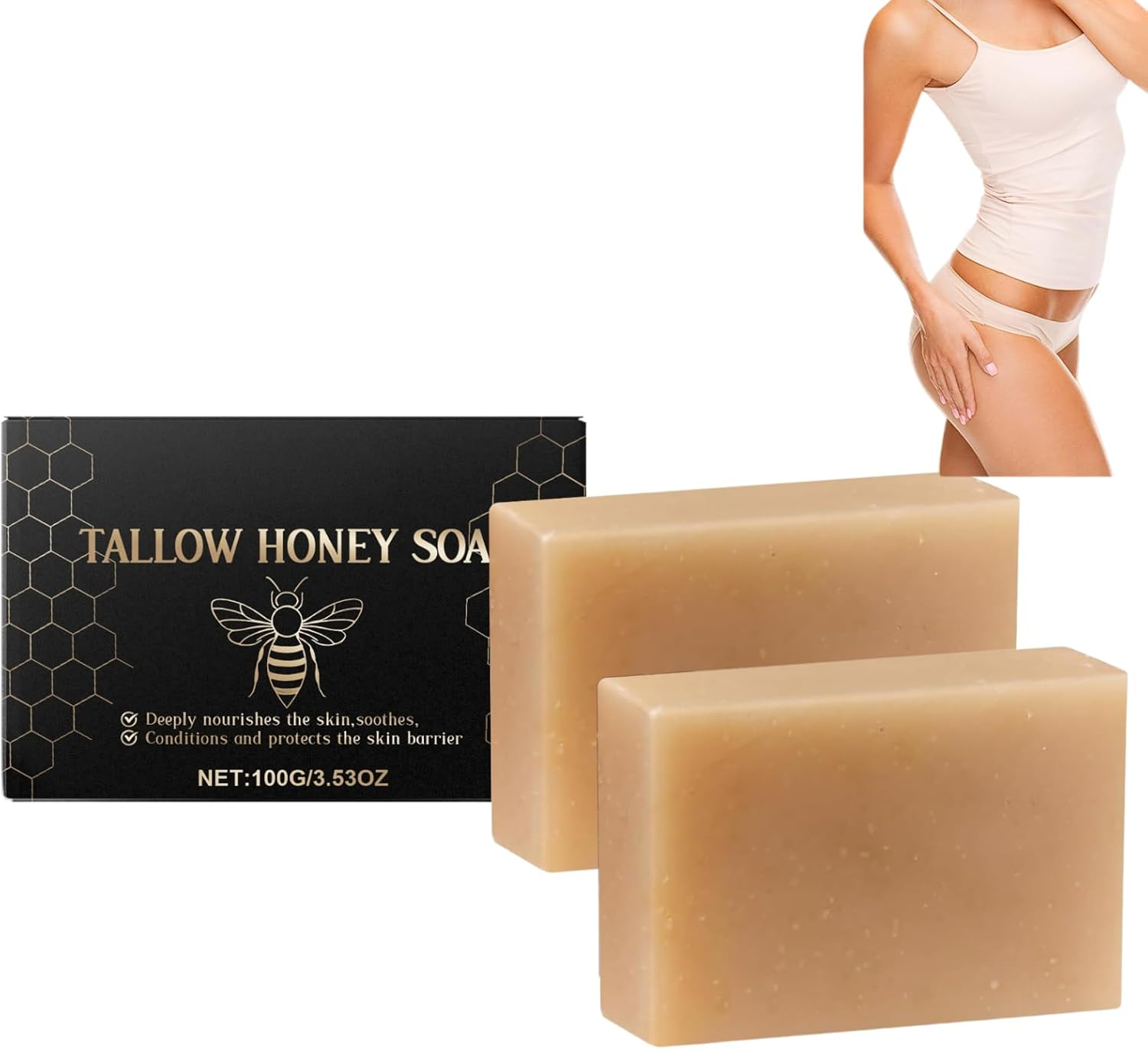 Beef Tallow & Honey Soap Bar for Dry Sensitive Skin, All Natural Grass Fed Tallow Soap Unscented, Handcrafted Moisturizing Face & Body Wash for Women & Men, Nourishing Bath Soap (2Pcs)