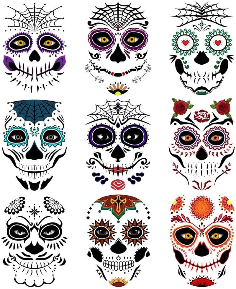 Day of the Dead Sugar Skull Temporary Face Tattoo Kit, 9 PCS Web Face Tattoo for Halloween, Party,Costume, Men, Women