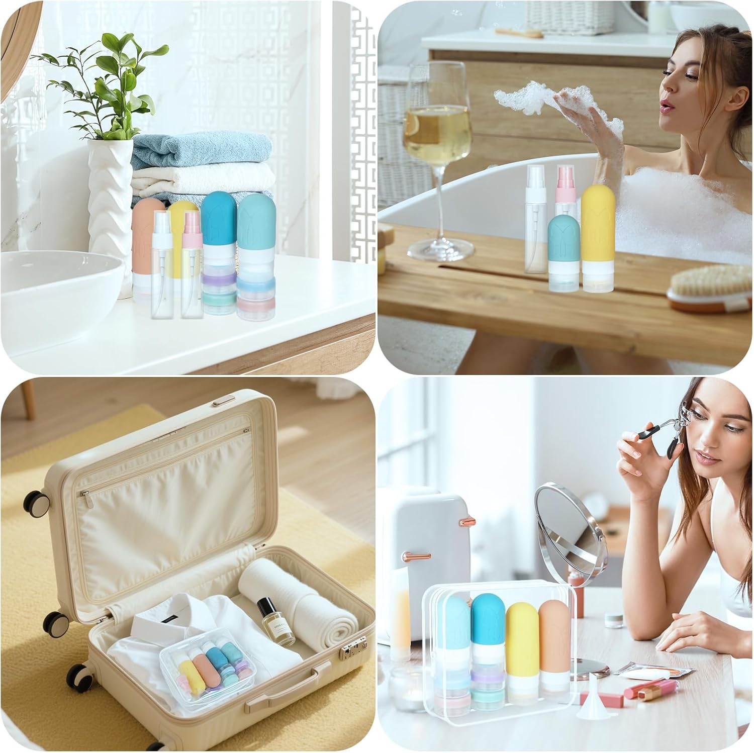 16Pcs Travel Bottles Set, Geeric Silicone Refillable Toiletry Bottle with Funnel,60/90Ml TSA Approved Leak-Proof Small Cream Can Spray Bottle for Shampoo, Lotion,Cream+Waterproof Bag
