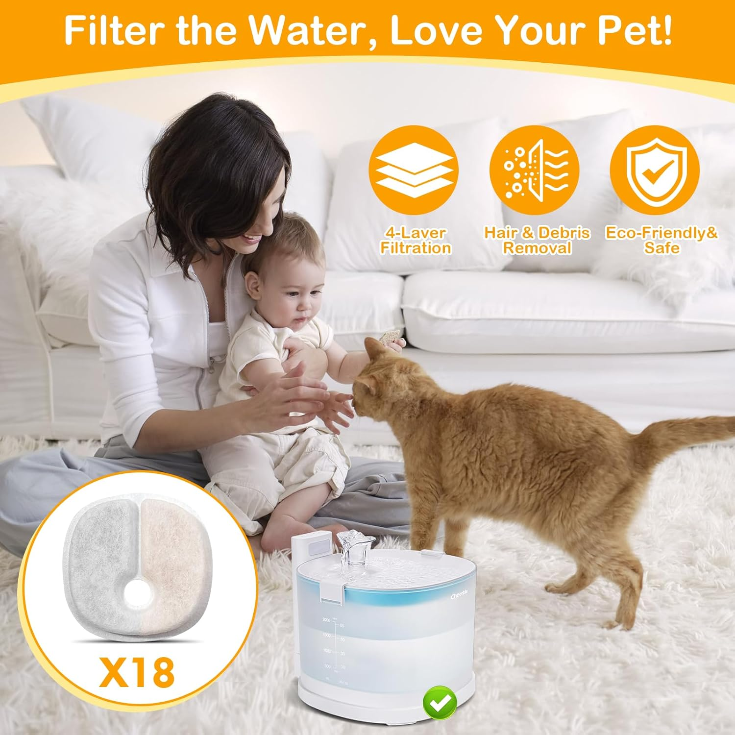 18 Pack Replacement Filters for E1/E1+ Cat Fountain (2L/67Oz), 18 Month Set for Pet Water Fountain image number 5