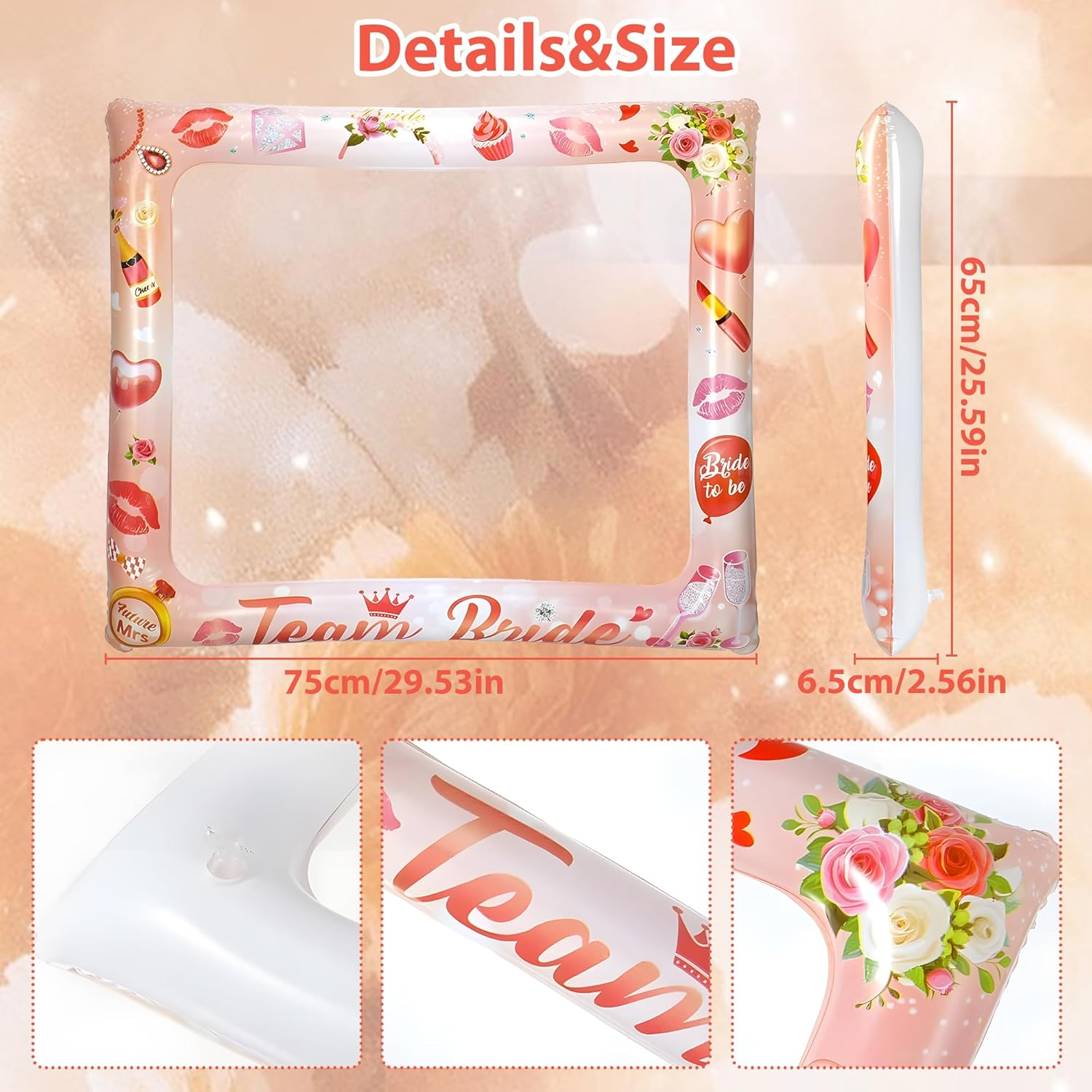 23Pcs Rose Gold Hen Party Photo Booth Props with 1Pc Giant Inflatable Team Bride Selfie Frame, Photo Booth Frame Kit for Hens Night Decor & Bridal Shower Accessories image number 1