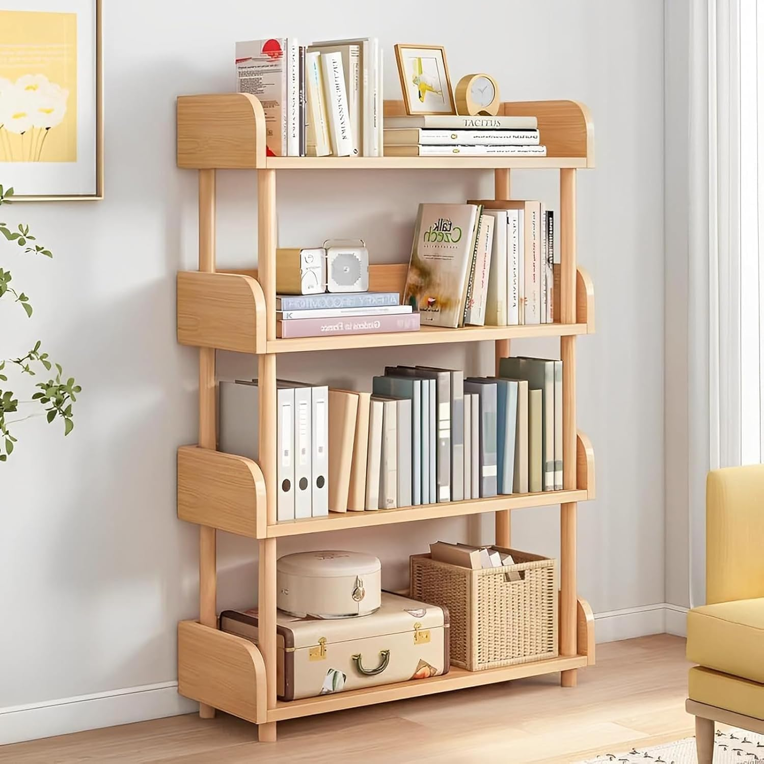 4-Tier Wooden Open Bookcase, Modern Freestanding Bookshelf Organizer with Side Panels, Wood Storage Shelves Display Stand Plant Rack for Home and Office, Storage Cabinet (4-Tier White 60CM)
