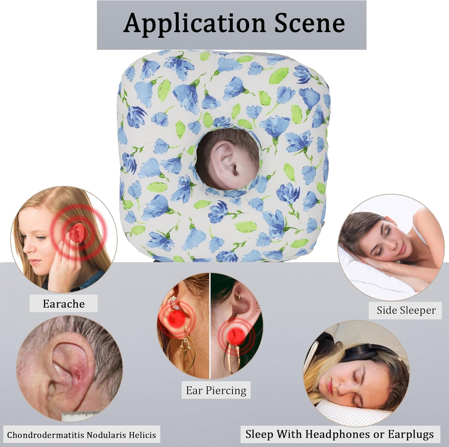 Ear Piercing Pillow for Side Sleepers, Pillow with an Ear Hole for CNH and Ear Pain Ear Inflammation Pressure Sores, O-Shaped Side Sleeping Pillow, Ear Guard Pillow (Blue Iris Flowers)