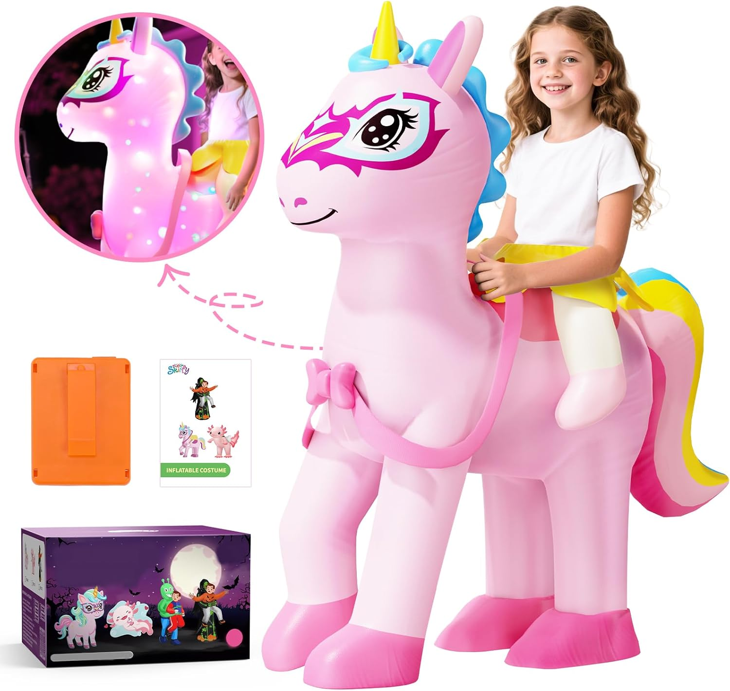 Skirfy Inflatable Unicorns Costume for Kids Riding on Unicorns Blows up Costumes for Girls 6-8 8-10 Funny Halloween Parties Cosplay Dress Easter,Thanksgiving Cosplay Events Party image number 3