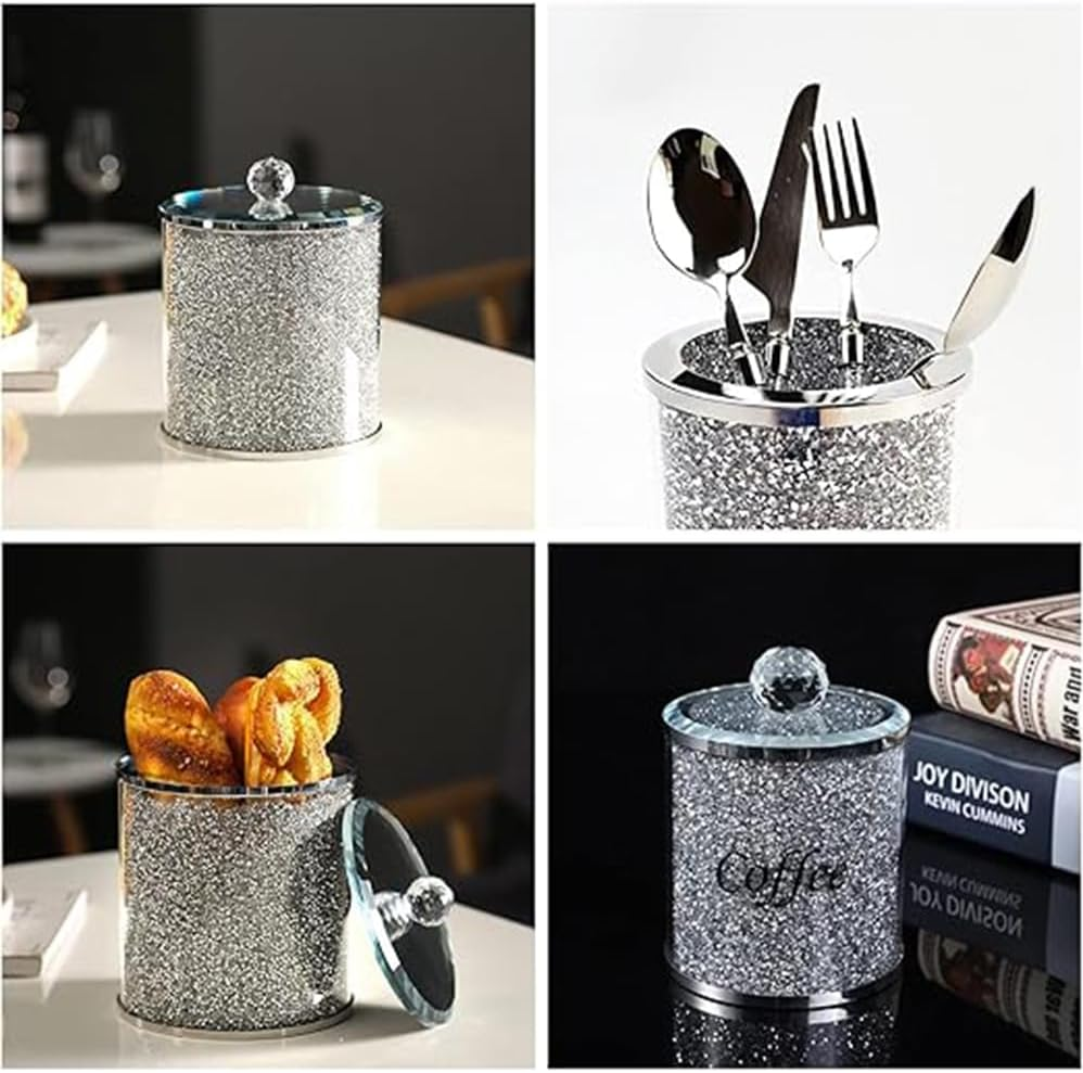 3 Pack Diamonds Canisters Set, Decorative Coffee Tea Sugar Canisters with Crushed Crystal Diamonds, Glass Food Storage Containers, Bling Jar for Kitchen Countertop Decor with Label & Lid image number 5