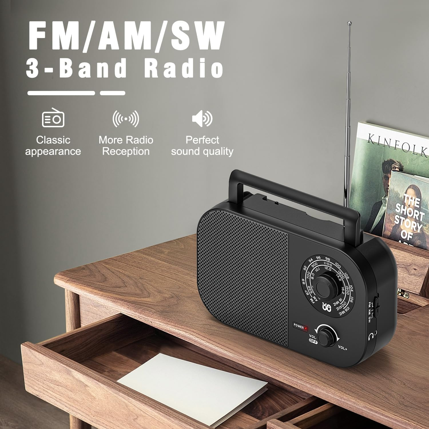Portable Radio AM FM SW with Best Reception, Transistor Radio with Battery Operated or AC Power Adapter, 5W Big Speaker, Large Tuning Knob, Clear Dial, Earphone Jack for Gift image number 3