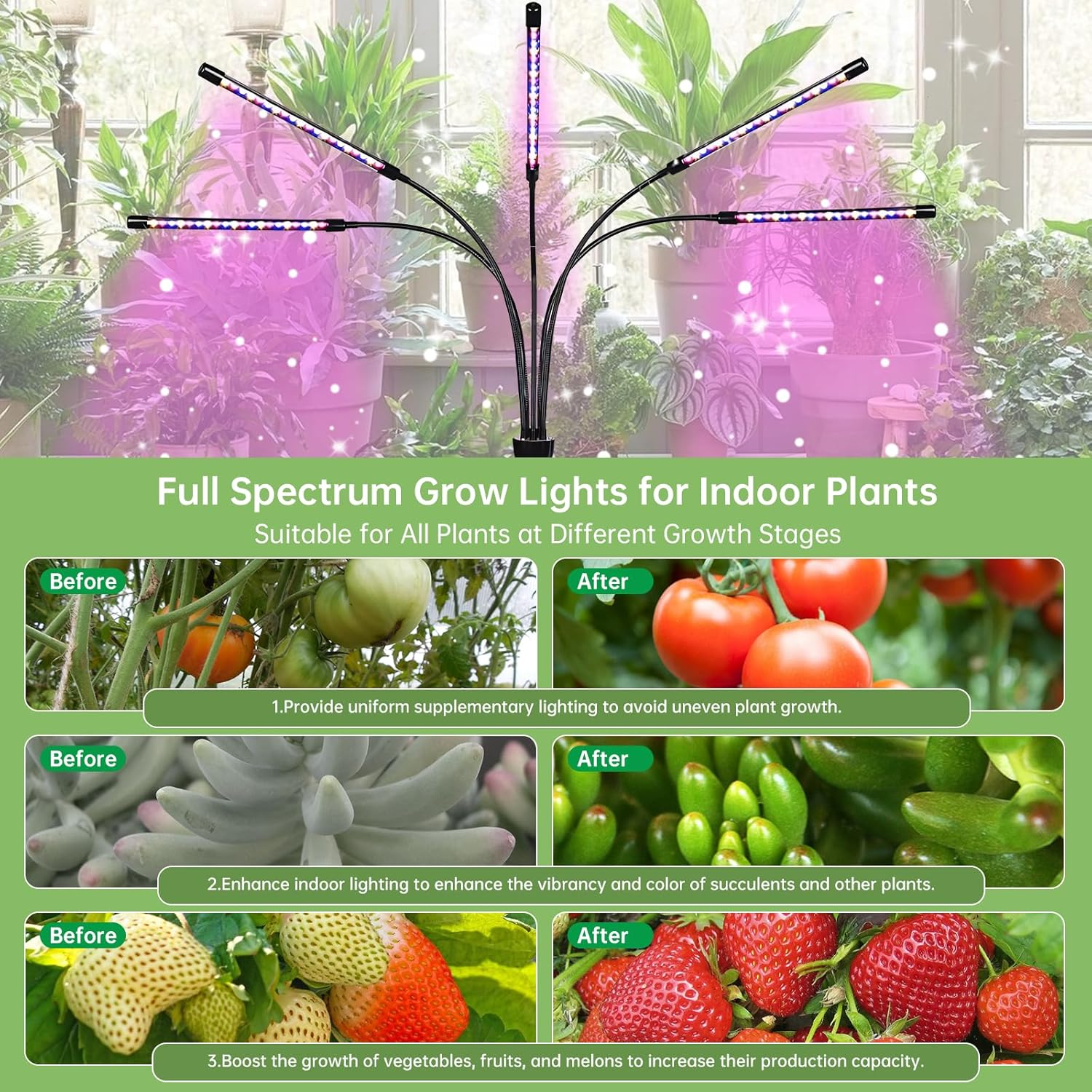 F1TP Grow Lights for Indoor Plants 9 Dimmable Levels 80 LED Lamps Plant Lights (With Auto On/Off 4/8/12H 3 Adjustable Timers, Tripod Stand, Remote Controls, 2 Shovels, 1 Claw, 1 Adapter) image number 2