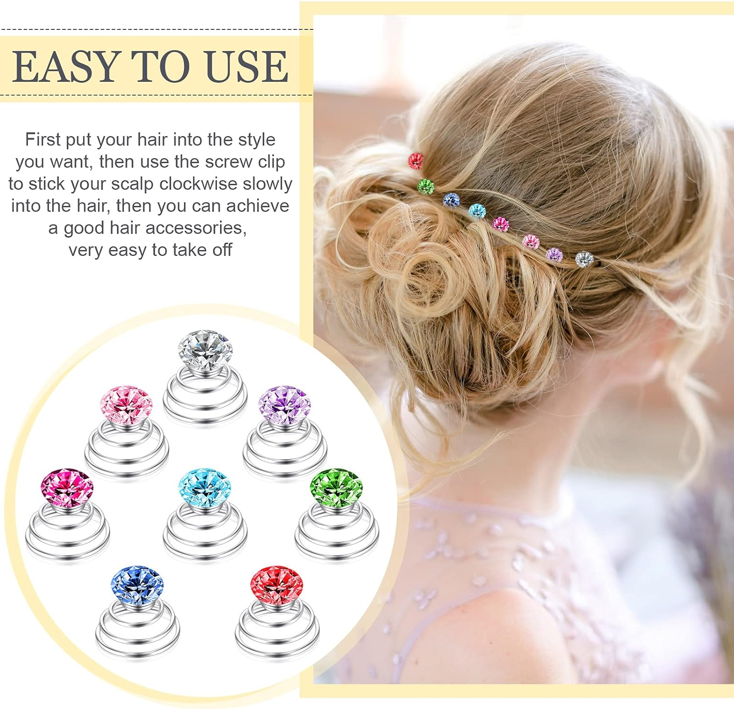 Xinnun 48 Pieces Rhinestone Hair Clips, Spiral Twist Hairpins with Rhinestone Crystal Metal Base, Hair Accessories for Wedding Bridal Prom Party, 1.4 Cm/ 0.6 Inches Diameter, 48 Pieces
