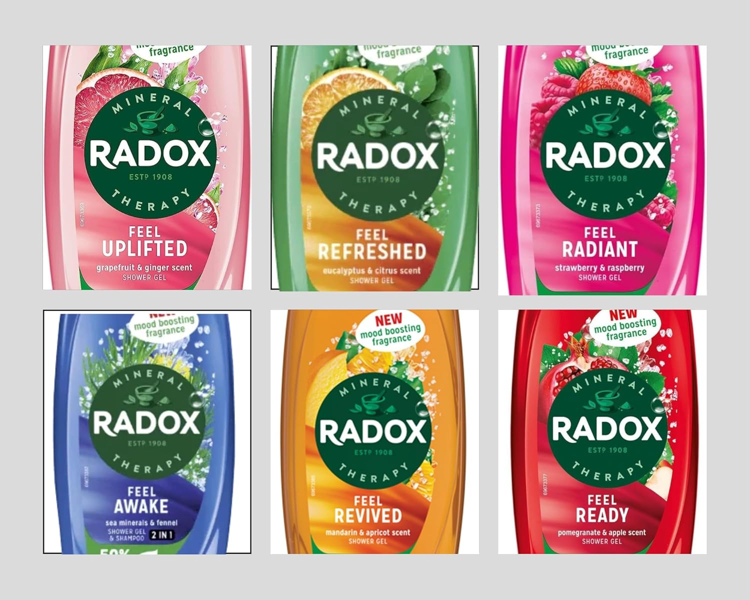 Radox Shower Gel Bundle for Everyday Use | 1X250Ml Uplifting | 1X250Ml Feel Ready | 1X250Ml Revive | 1X250Ml Feel Detox | 1X250Ml Feel Refreshed | 1X250Ml Feel Awake image number 2