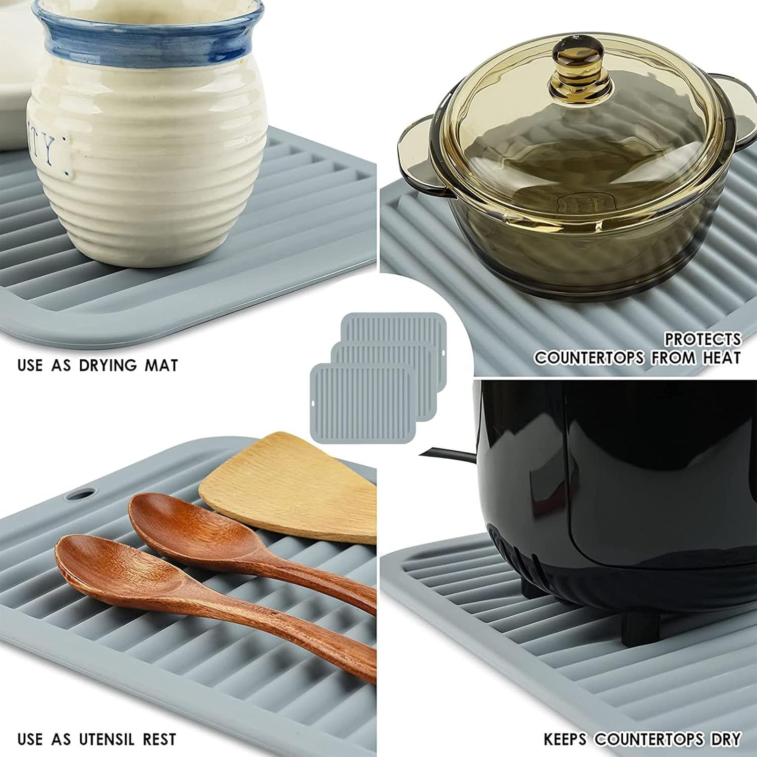 XUTONG 3 Pcs Silicone Pot Holder Silicone Trivet Mats,Silicone Table Mats Hot Pad Mats Pot Holder 30X22 Cm,Non-Slip Rest Table Mats Heat Resistant Pot Coaster Table Countertop Mats Drying Mat (Grey) image number 6