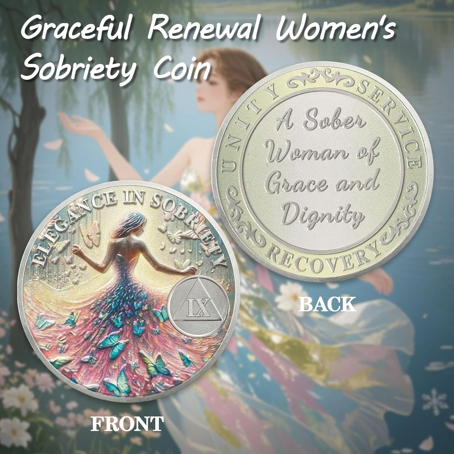 ACGZQY 9 Year Elegance Women Sobriety Coin - Colorful Butterfly Sober Woman AA Coins and Medallions Inspirational Recovery Coin Sobriety Chips - New Beginning NA AA Token Sobriety Gifts image number 1