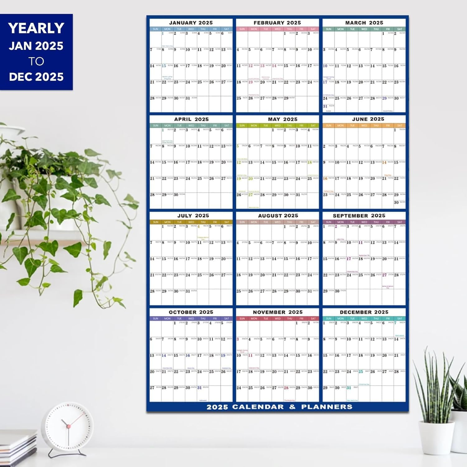 2025 Wall Calendar Erasable Large, 58 X 88 Cm, Wet & Dry Erasable Laminated 12 Month Annual Yearly Planner, Reversible, Horizontal/Vertical, Includes 2 Erasable Pens & Double-Sided Adhesive Pad image number 3