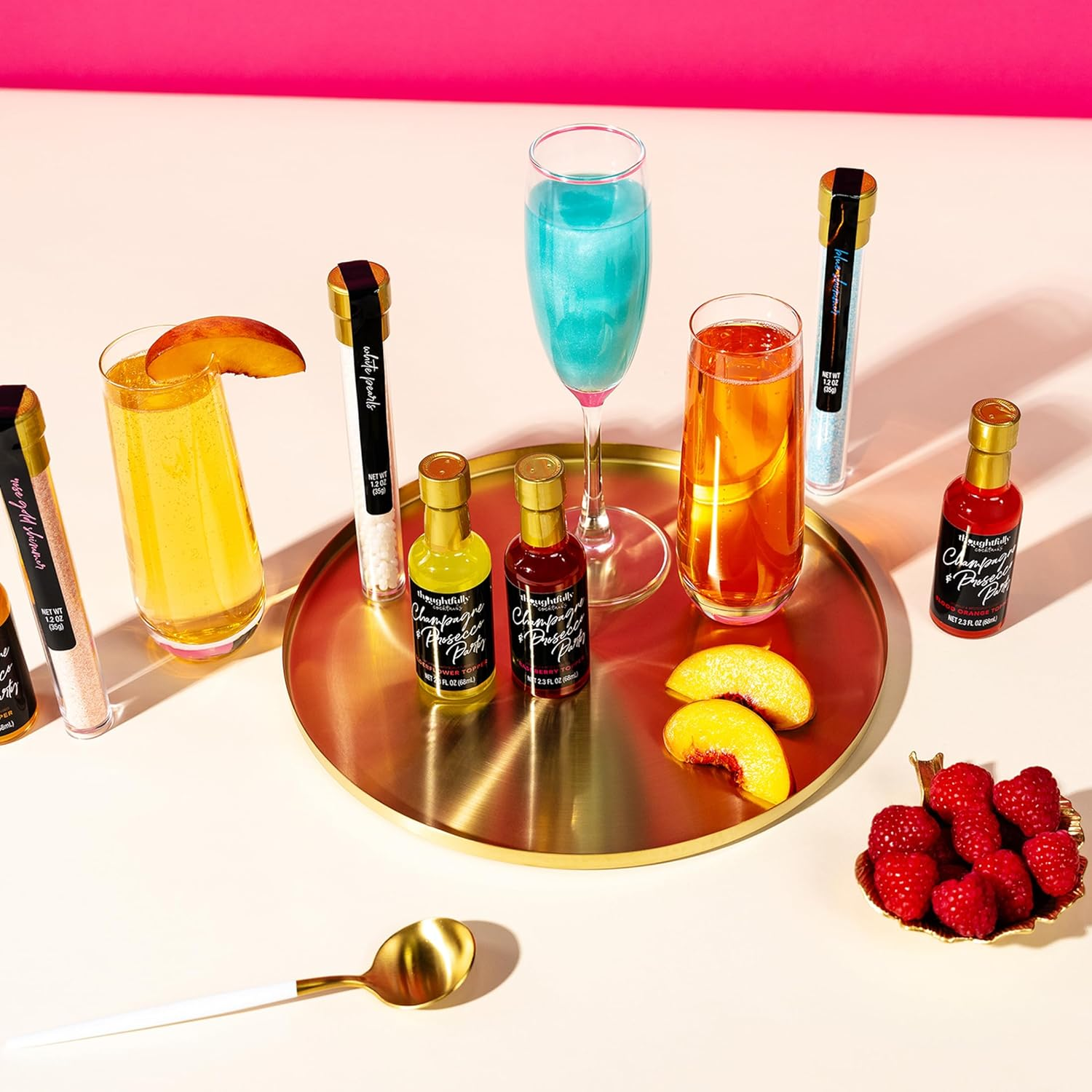 Thoughtfully Cocktails, Bubblies' Prosecco Cocktail Toppers, Includes 4 Fruit-Flavoured Cocktail Mixes, Sweet Edible Pearls and Edible Rose Petals (Contains NO Alcohol) image number 6