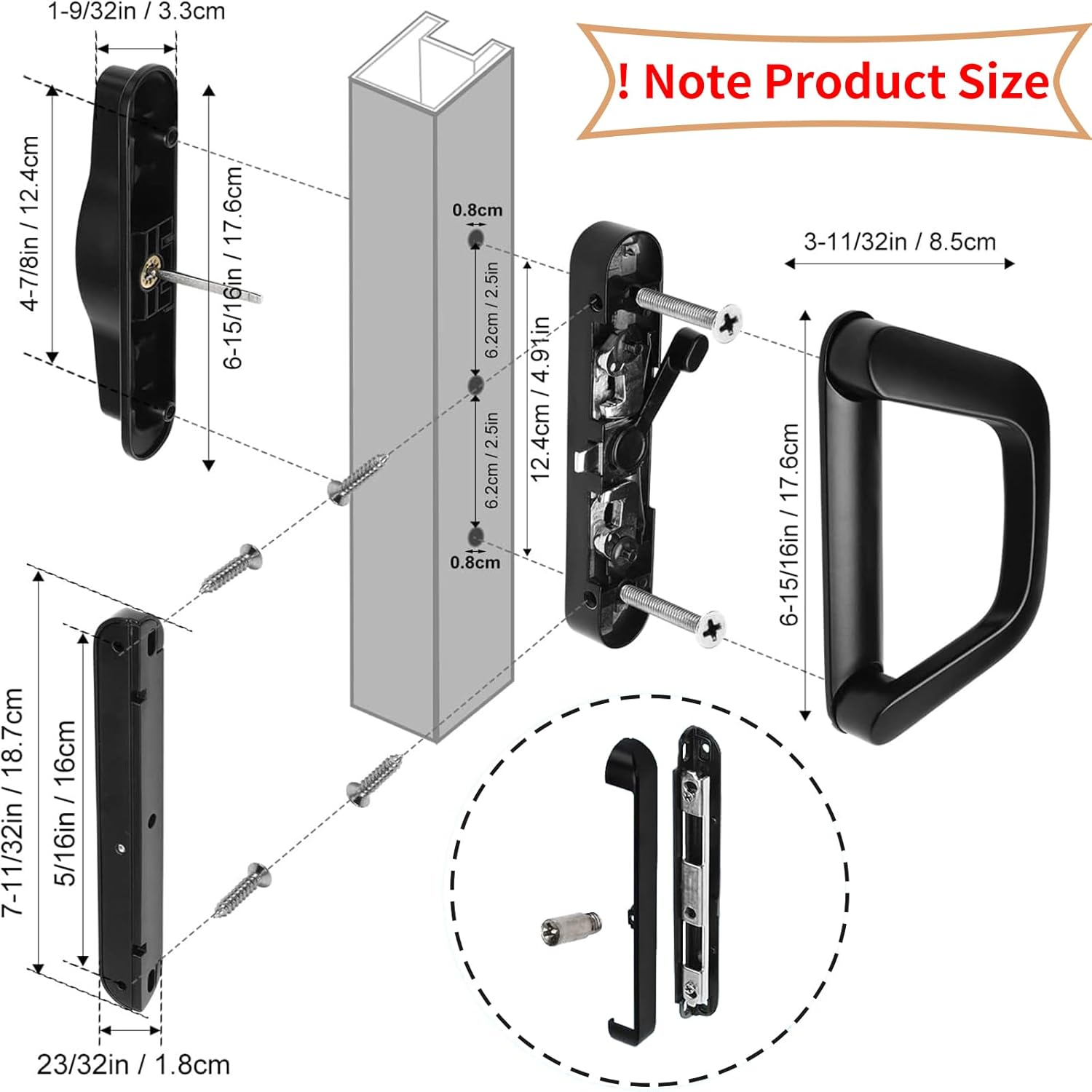 WYJREES Sliding Patio Door Handle Set with Mortise Lock, Suitable for Sliding Glass Patio Door Thickness from 1.5In to 2In, 4-15/16" Screw Holes, Need to Drill, Reversible Design, Keyed, Black image number 4