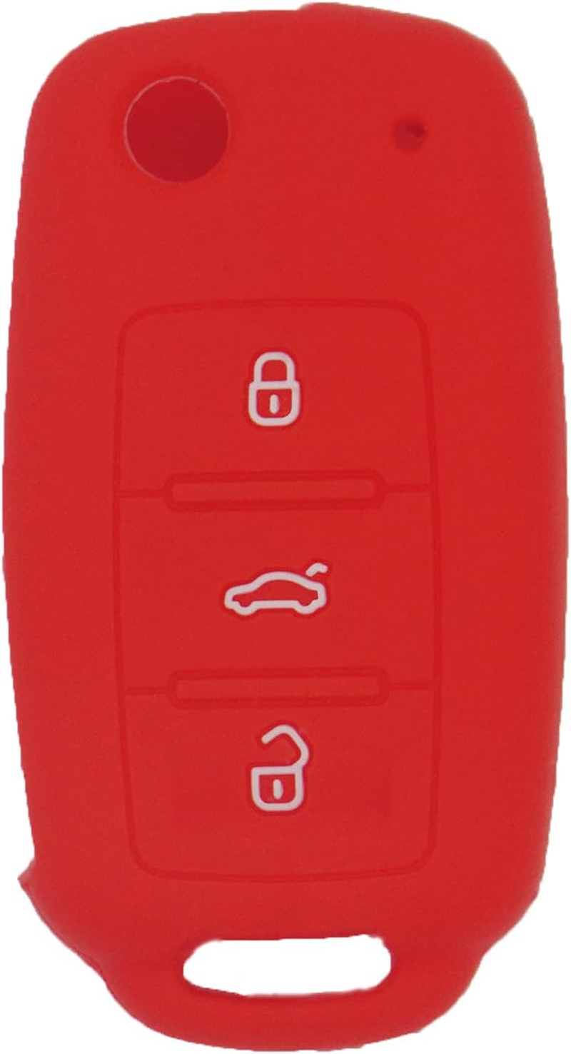 Lemsa 2Pcs Rubber 3 Buttons Flip Key Fob Cover Case Remote Keyless Protector Bag Holder Compatible Withvw Volkswagen Jetta GTI Passat Golf Tiguan Touareg Beetle, Red/Pink