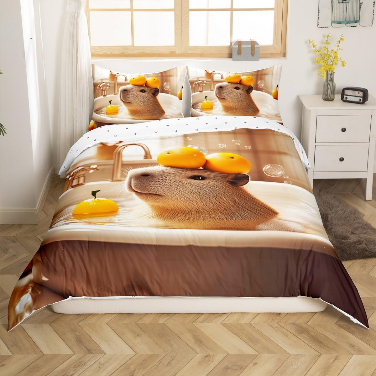 Homewish Capybara Duvet Cover 135 X 200 Cm, Cute Animal Bedding Set, Beautiful Pet Capybara Comforter Cover for Children, Boys, Girls, Children, Soft Microfibre Bed Set with 1 Pillowcase - Brown image number 2