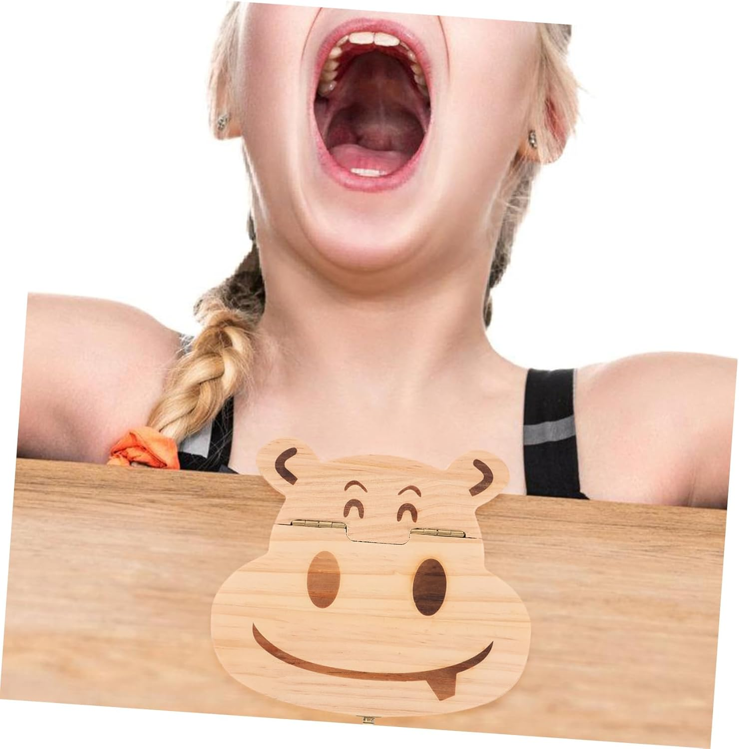 Boys and Girls Tooth Storage Box and Baby Tooth Case Wooden Cartoon Hippo Design Keepsake Organizer for Newborn Souvenir and Fetal Hair Keepsake image number 1