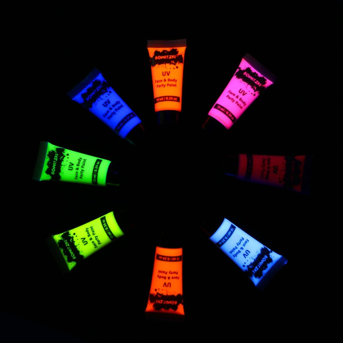 Bowitzki UV Neon Face Body Paint 8 Tubes 0.34Oz Liquid Kit Black Light Glow in the Dark Makeup Set Fluorescent Painting for Adults Kids Music Festivals Party Halloween Christmas image number 2