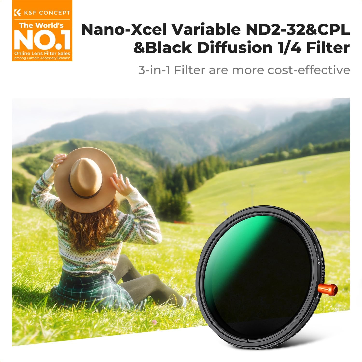 K&F CONCEPT 55Mm ND2-32 & Black Diffusion 1/4 & CPL 3 in 1 Filter, Mist Cinematic Effect Circular Polarizer Variable Neutral Density Camera Lens Filter 28 Multi-Coated Waterproof Anti-Scratch (Nano-X) image number 2
