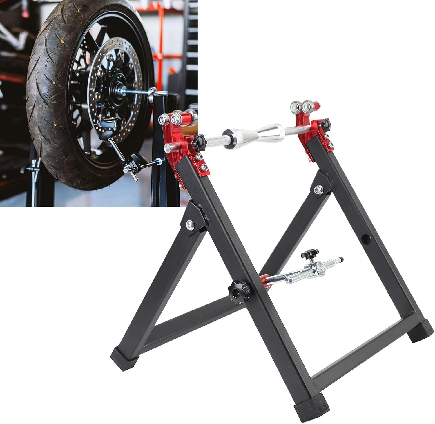 Jiawu Motorcycle Bike Wheel Balancer, Foldable Bike Wheel Truing Stand, Rim Tire Balancer Stand with Adjustable Centering Cones for Most Motorcycle, Sport Dirt BIK ES
