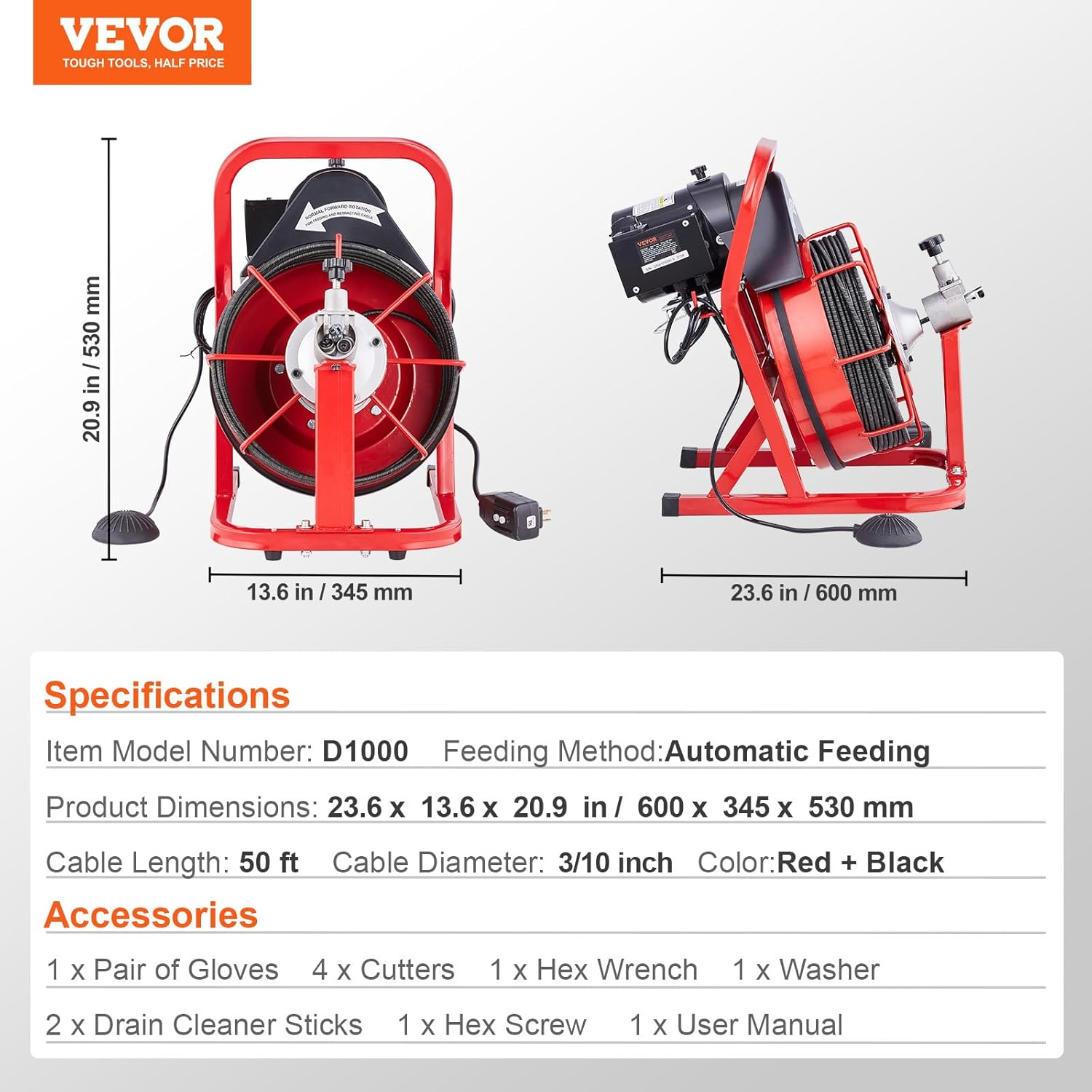 VEVOR Drain Cleaner Machine 50FT X 3/10 Inch, Auto Feed Sewer Snake Auger, 250W Electric Drain Cleaning Machine with 4 Cutters & Air-Activated Foot Switch for 2" to 4" Pipes image number 4