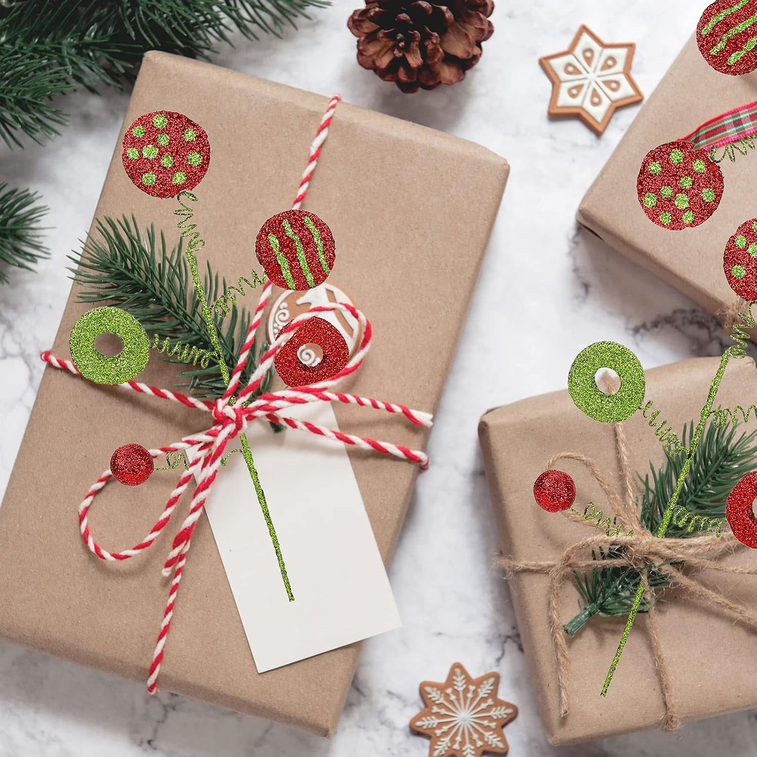 Whaline 6Pcs Christmas Tree Decoration Xmas Tree Curly Picks Red Green Craft Picks Holiday Table Centerpiece for Xmas Crafts Wreath Home Party Christmas Tree Decor Supplies image number 5