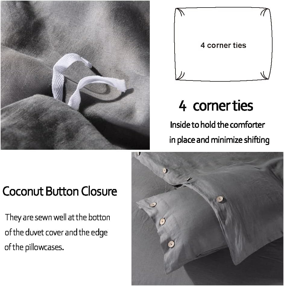 Meadow Park Stone Washed Pure Linen Duvet Cover Set 3 Pieces, Queen 90 Inches X 94 Inches- Shams 20 Inches X 26 Inches, Coconut Shell Button Closure - Corner Ties - Super Soft, Charcoal image number 2