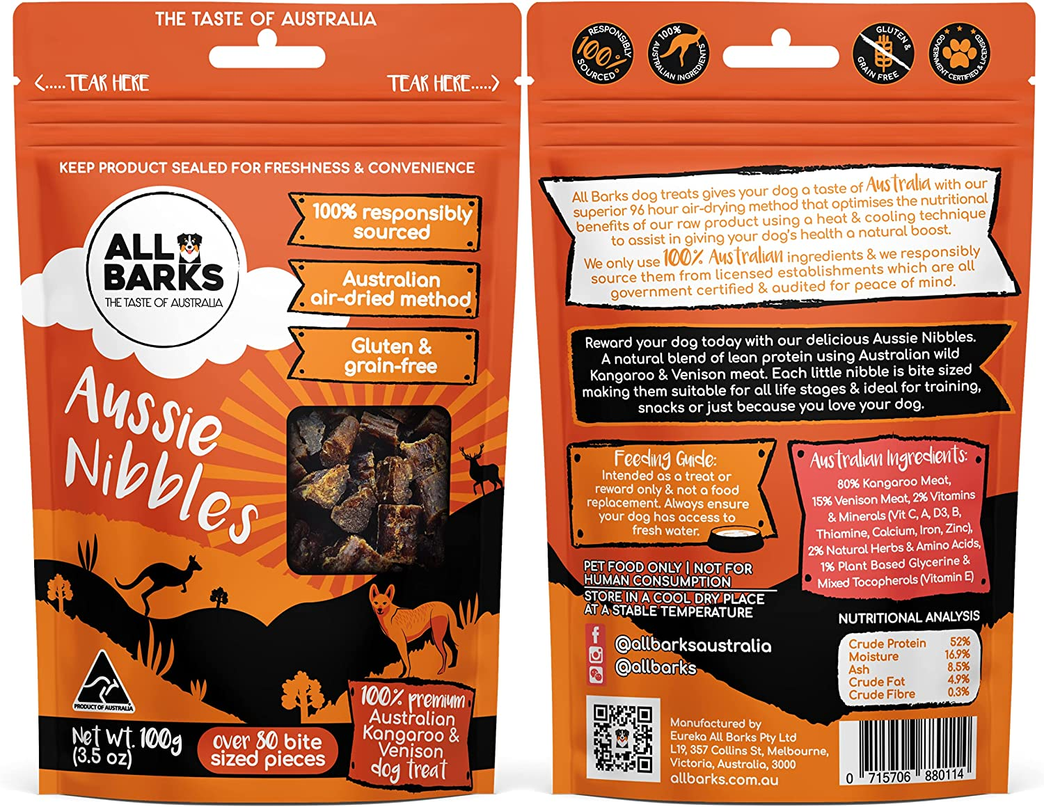 ALL BARKS Aussie Nibbles - 100% Aussie Venison and Kangaroo - Natural, Grain-Free, Australian Dog Treats - Snacks, Training or Rewards for Dogs - 100G image number 1