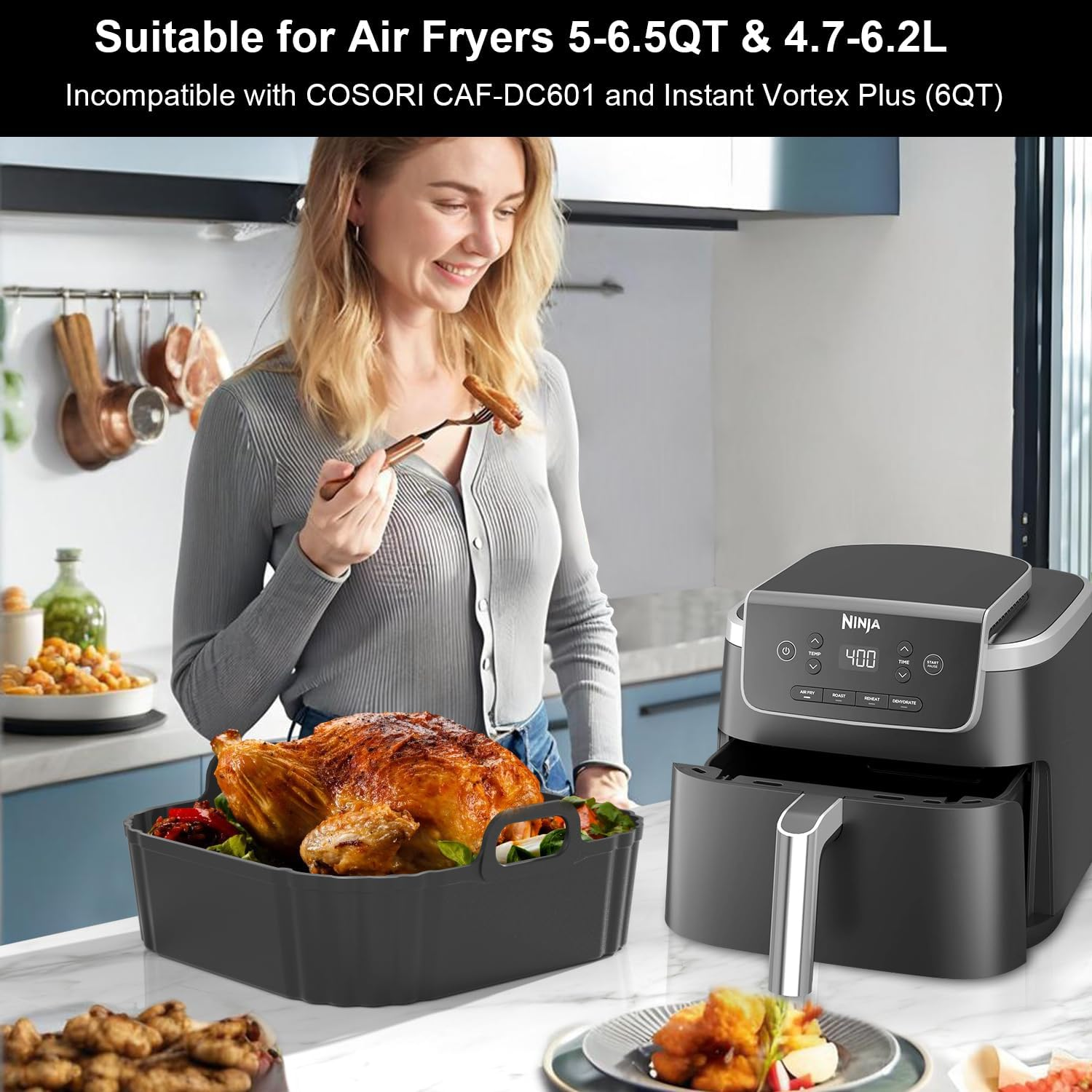 8.5 Inch Square Silicone Air Fryer Liners 2 Pack for Instant Pot Vortex Plus, Healthy Choice, Ninja AF181 Pro XL, Philips 2000 Series NA230/00, HD9270/21 for 4.7L 5.7L 6.2L 6.5L Reusable Basket Trays image number 2