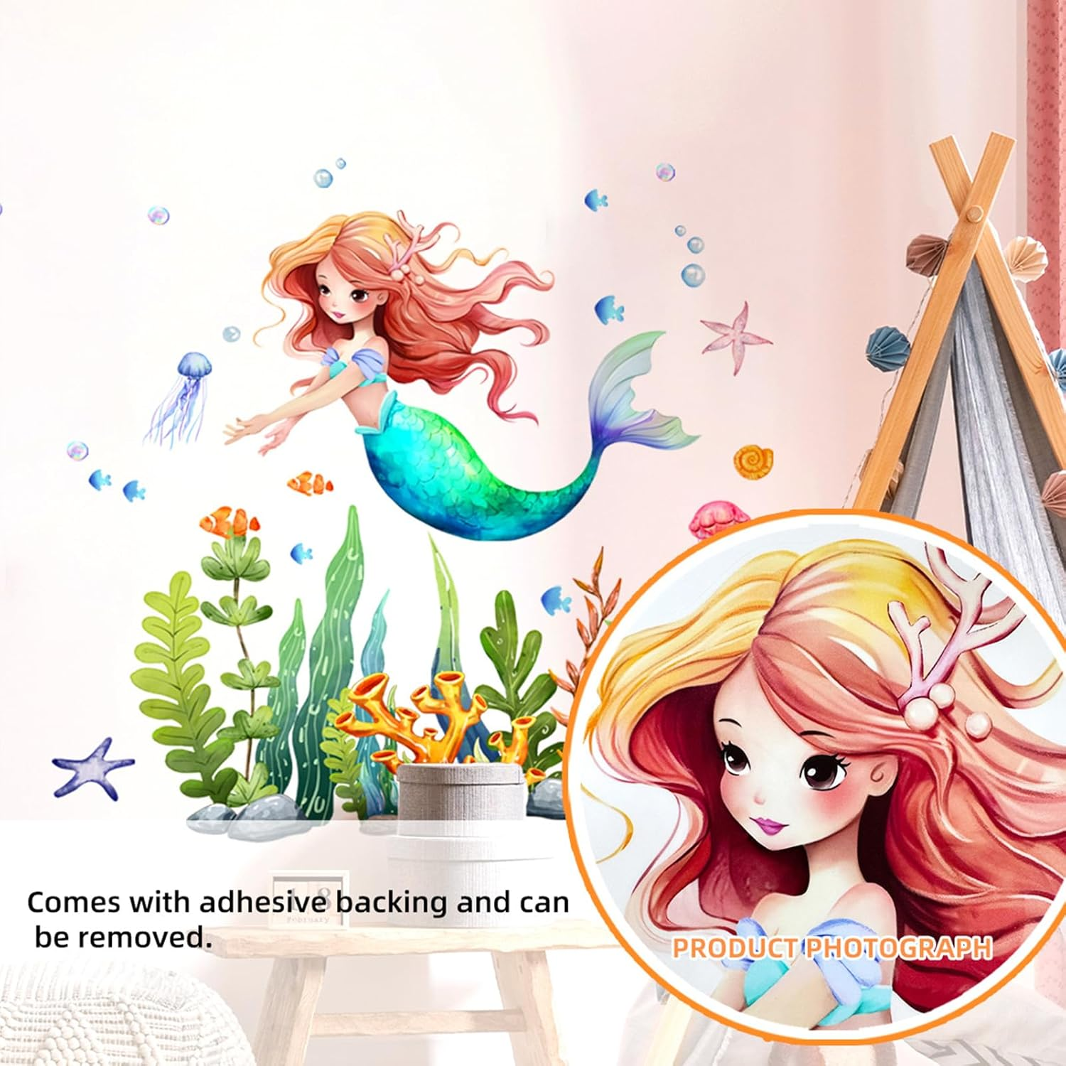 Mermaid Wall Decal Mermaid Fish Seaweed Bubble Wall Stickers under the Sea Marine Fish Seaweed Grass Wall Stickers - Bathroom Baby Kids Nursery Girls Bedroom Daycare Wall Decor image number 3