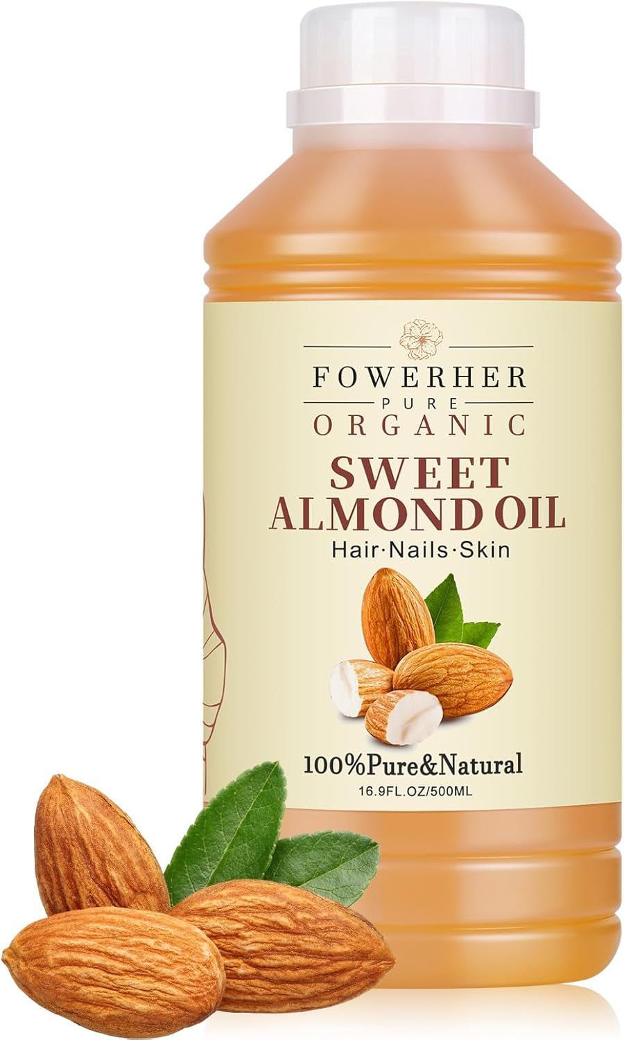 Organic Sweet Almond Oil, 100% Pure Cold Pressed, 500Ml, for Skin and Hair Care, Moisturising, Massage