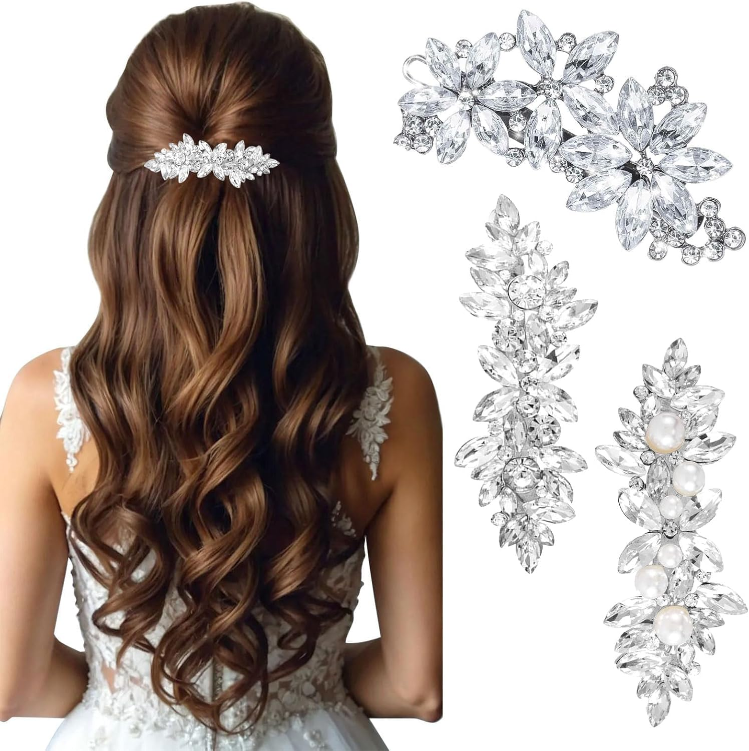 Diamante Hair Clips for Women, 3 Pcs Rhinestone Flower Hair Clips, Wedding Hair Accessories, Silver Wedding Headpiece Pins Crystal Flower, for Kids/Girls/Women Carnival/Concert/Party/Dance image number 3
