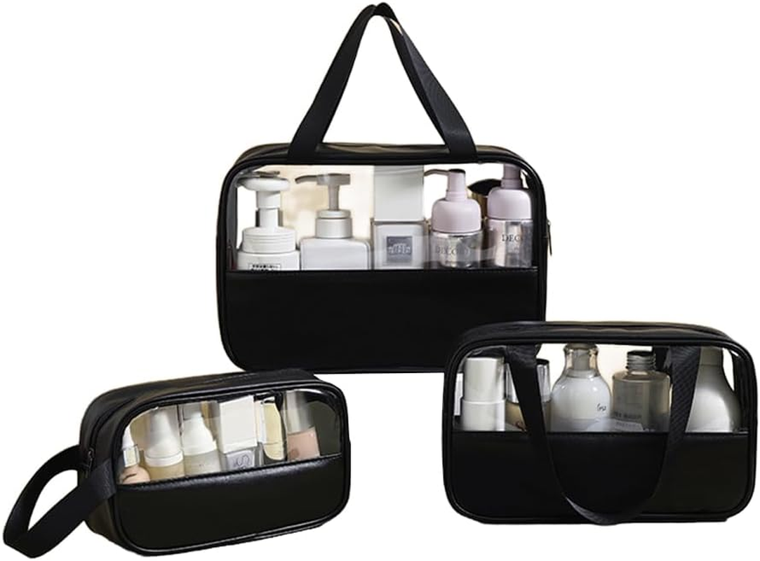 AIMALL 3 PCS PVC Translucent Makeup Bag Set with Reinforced Stitching - Durable - Available in White, Blue, Pink, Black, Yellow