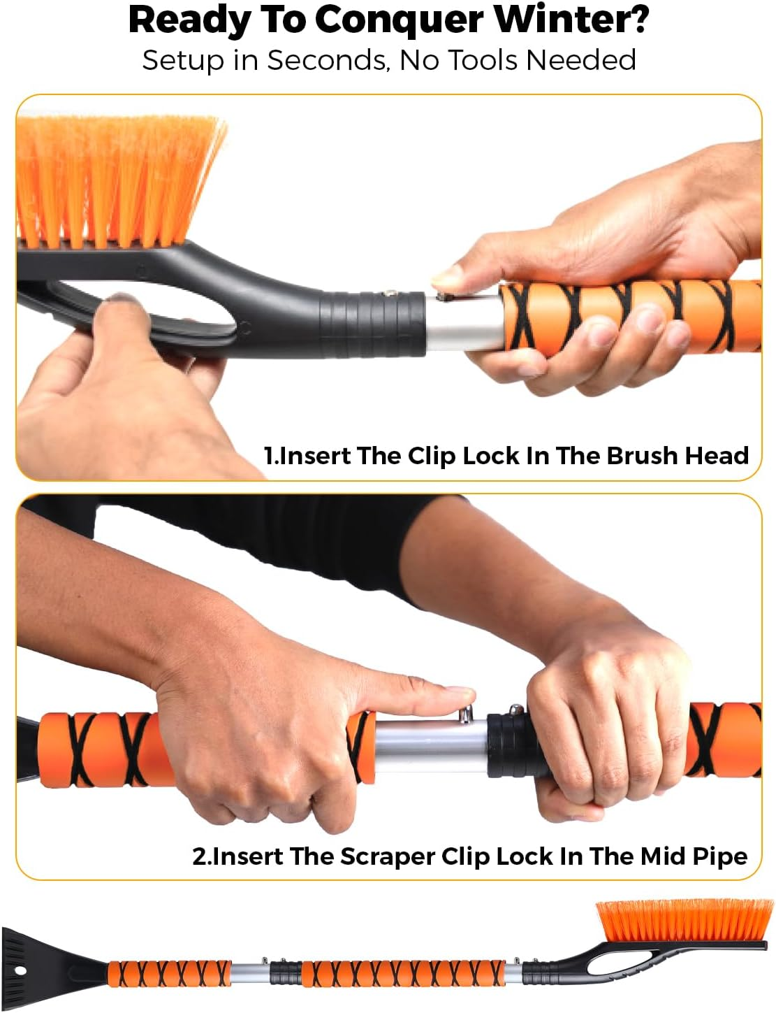 Econour Articglide Aluminum Snow Brush with Ice Scrapers for Car Windshield & Window 3 Parts Detachable & Anti-Scratch with Guardglide Technology, EVA Foam Grip, Winter Accessories (43 Orange) image number 1